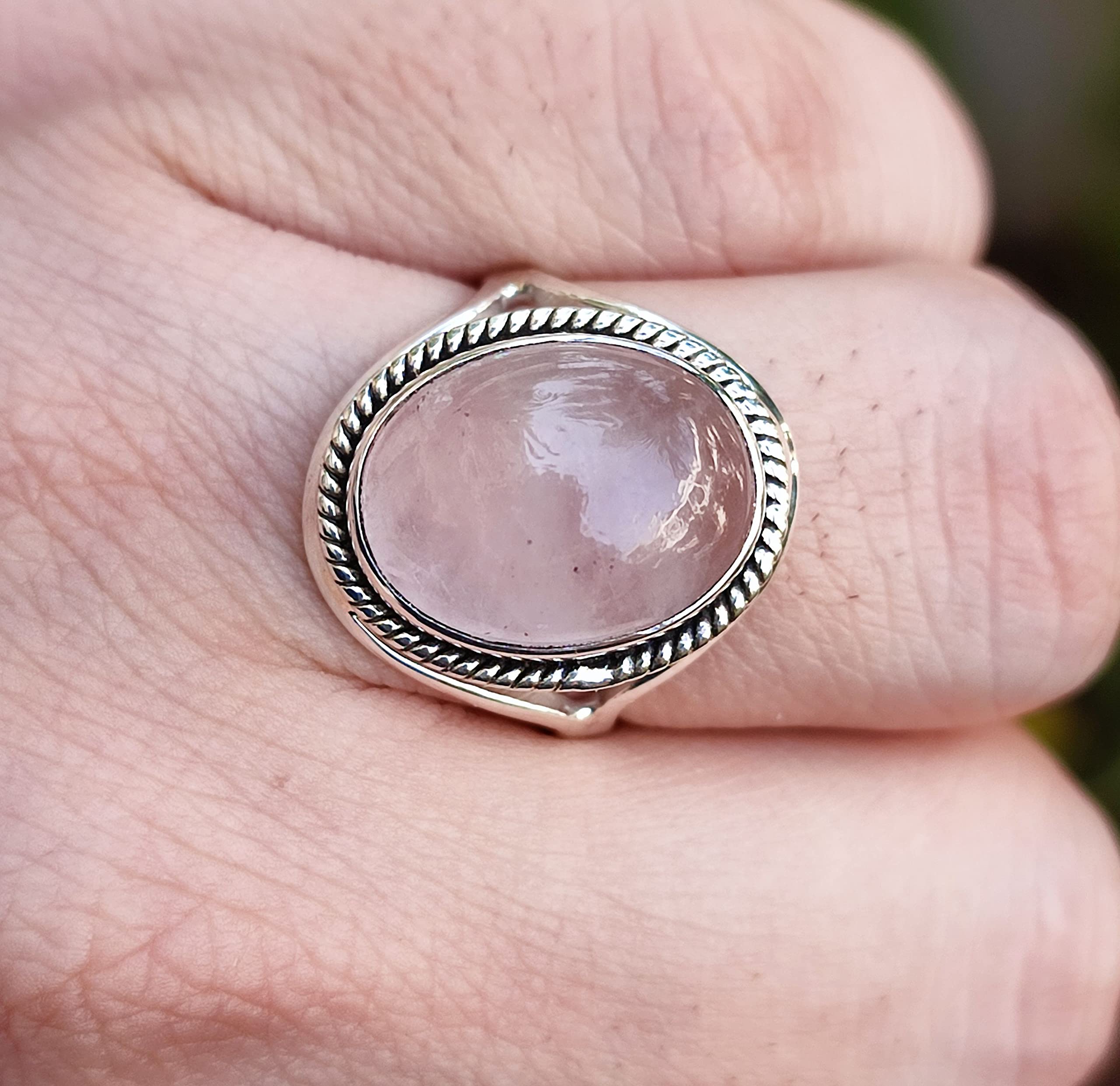 Navya Craft Rose Quartz Ring, 925 Sterling Silver Handmade Statement Promise Rings for Women, Natural Pink Oval Gemstone Boho Jewelry, January Birthstone, Gift for Her Birthday Anniversary (7.5)