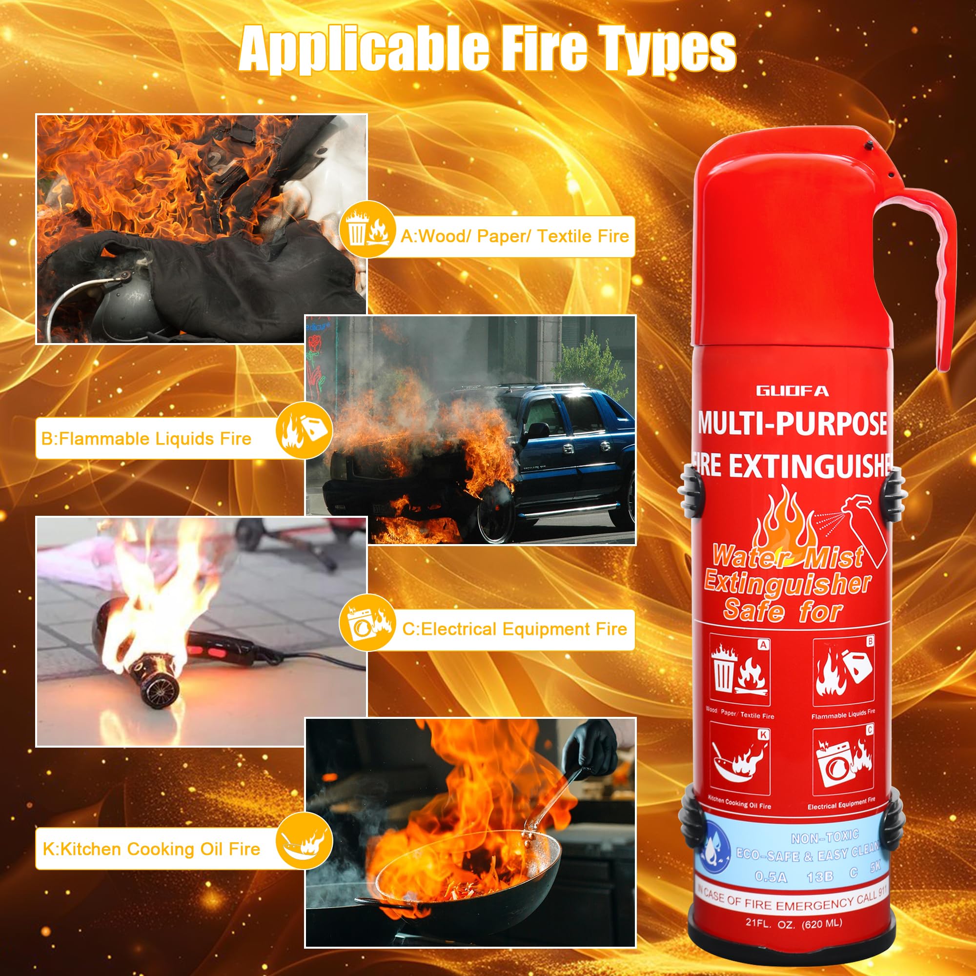 Fire Extinguisher for Home, 6 Pack Vehicle Fire Extinguishers with Mount, Portable Fire Extinguisher Effective on A, B, C, K Fires, Water-Based Extinguisher for Car Boat House Office Kitchen Garage