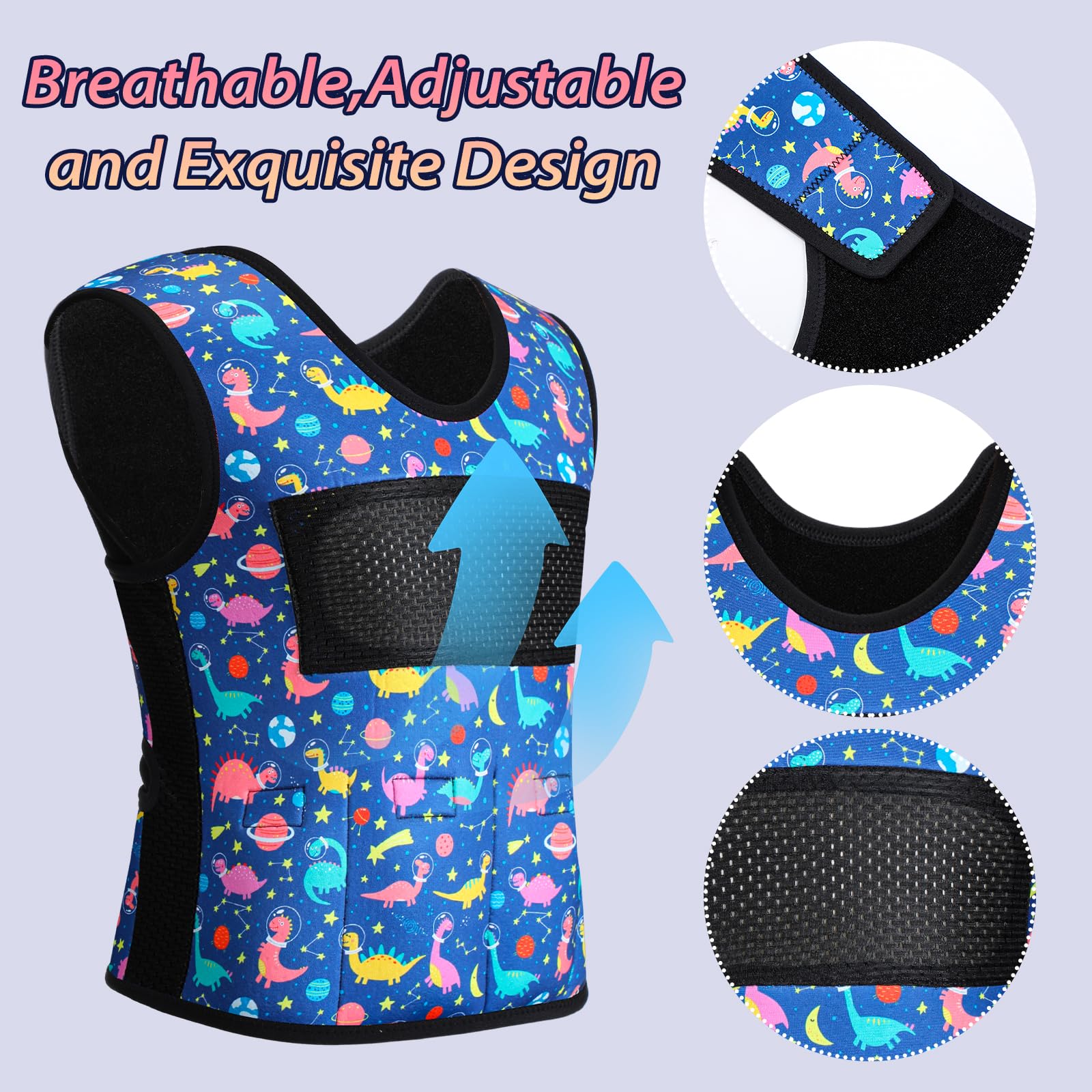 Janmercy Weighted Vest for Kids Ages 4 to 7 and Ages 8+ Boy Girl Adjustable Breathable Compression Vest for Processing Issue(Dinosaur,Medium,Dark Blue)