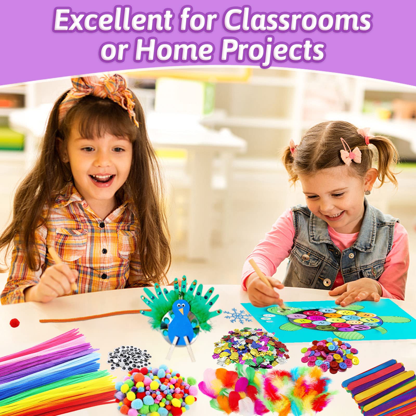Arts and Crafts Supplies for Kids Including Feathers, Pipe Cleaners, Wiggle Googly Eyes, Pom Poms, Buttons, Ice Cream Sticks, Sequins And So On, School Kindergarten Homeschool Supplies Crafts
