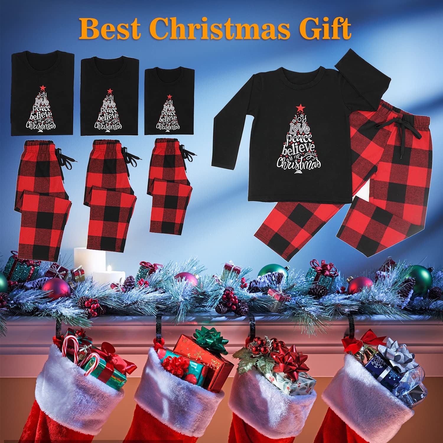 Onancehim Matching Christmas Pajamas for Family, Funny Holiday Cute Let It Snow Print Tops and Plaid Pants Xmas Sleepwear Pjs Set (Youth, 2-3T, Black)