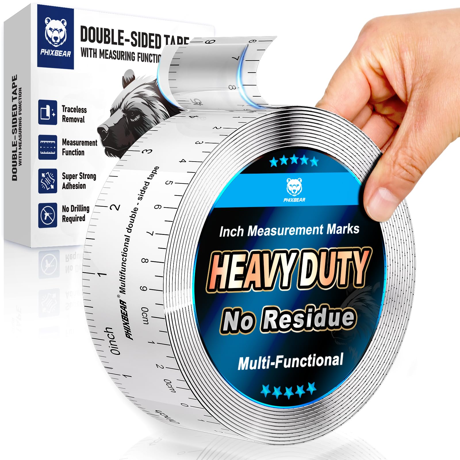 PHIXBEAR Heavy Duty Mounting Tape with Inch Measure Mark, Removable Clear Traceless Double Sided Strong Adhesive Tape for Wall, Carpet, Poster, Dorm Room, No Residue 1.18" x 15Ft