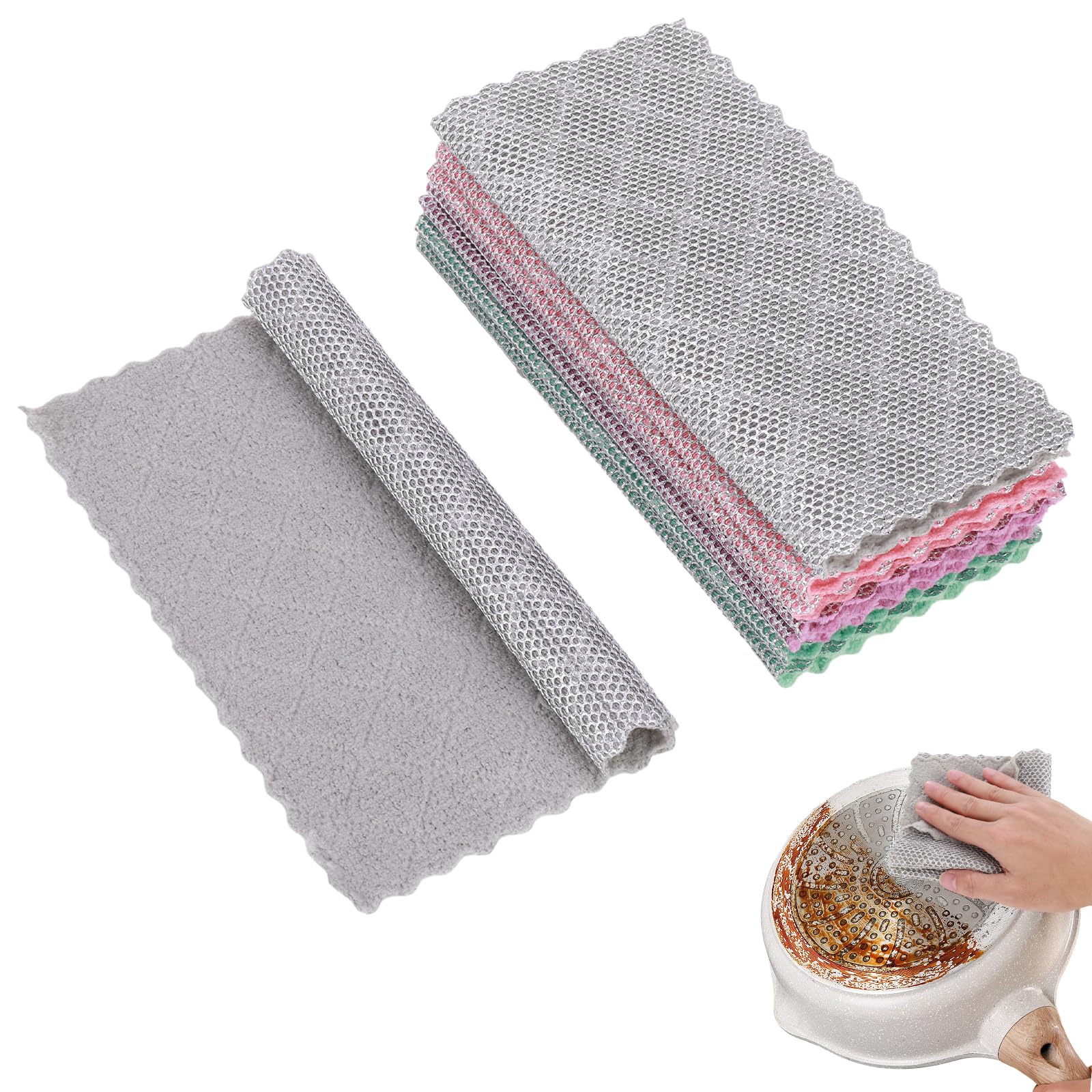 SAYAPE Double-Sided Cleaning Rags - Multipurpose Non Scratch Wire Dishcloth & Microfiber Cleaning Cloths - Reusable Dish Cloth for Kitchen, Car, and Housekeeping - 8-Pack - Gray/Green/Pink/Purple