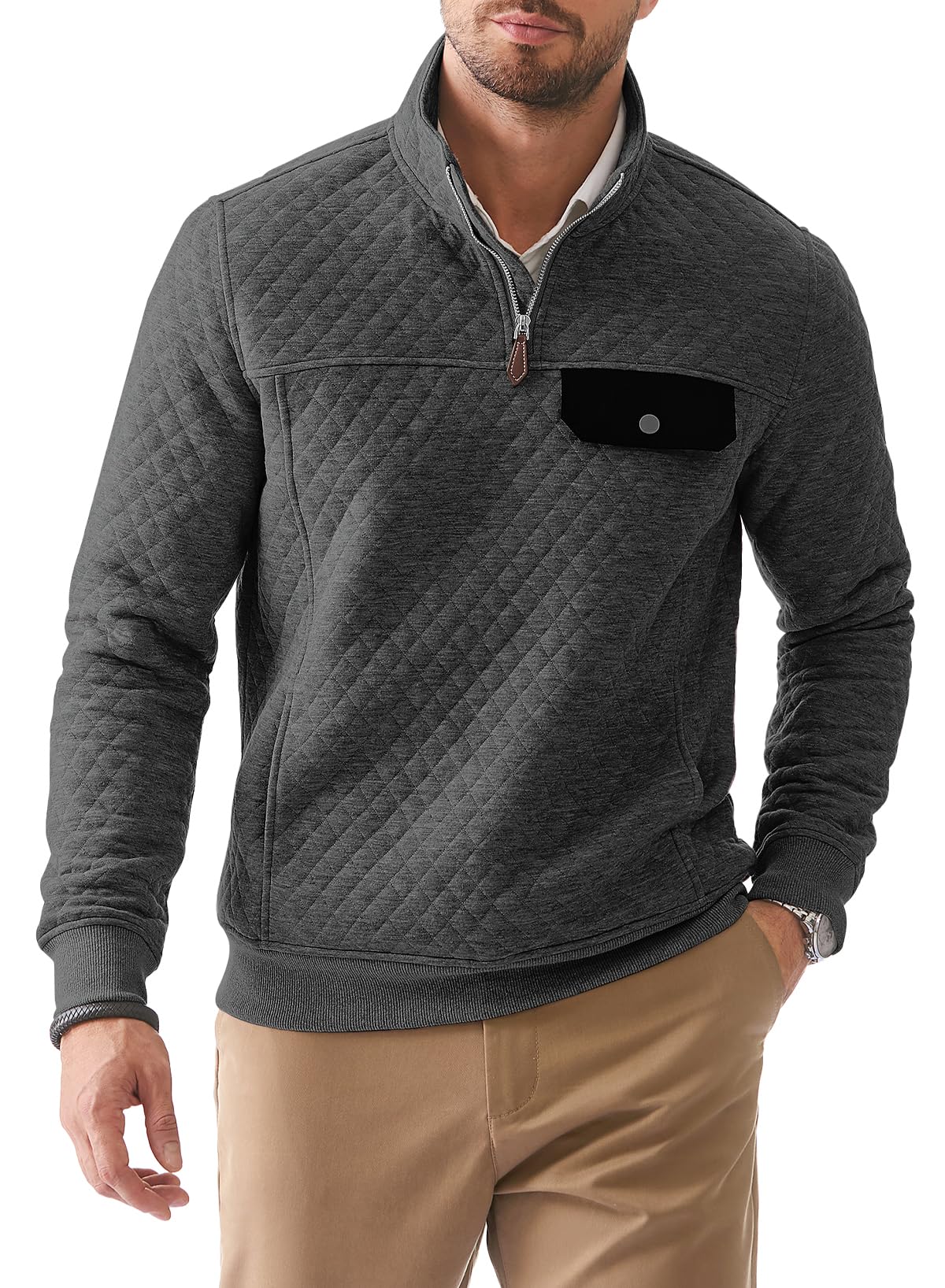 JMIERR Mens Quilted Sweatshirt Casual Long Sleeve Crewneck Quarter-Zip Fashion Pullovers Sweater Jackets with Pockets, S, Dark Grey