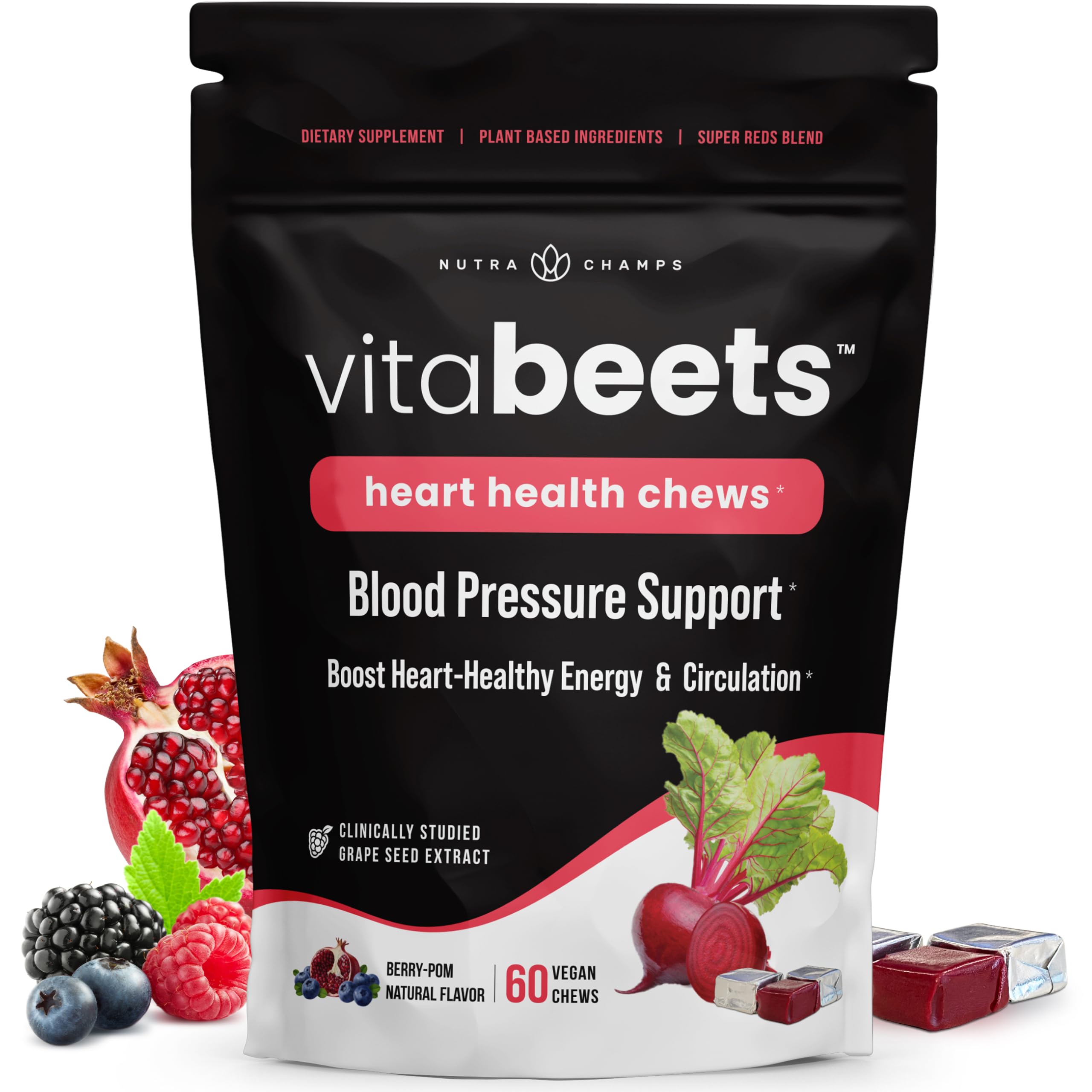 Beet Chews - Blood Pressure Support - Potent 750mg Beet Root Extract - Heart Chews - Blood Flow & Circulation Support Supplement - Super Reds Blend - Beet Root Gummies Alternative – 60 Soft Chews