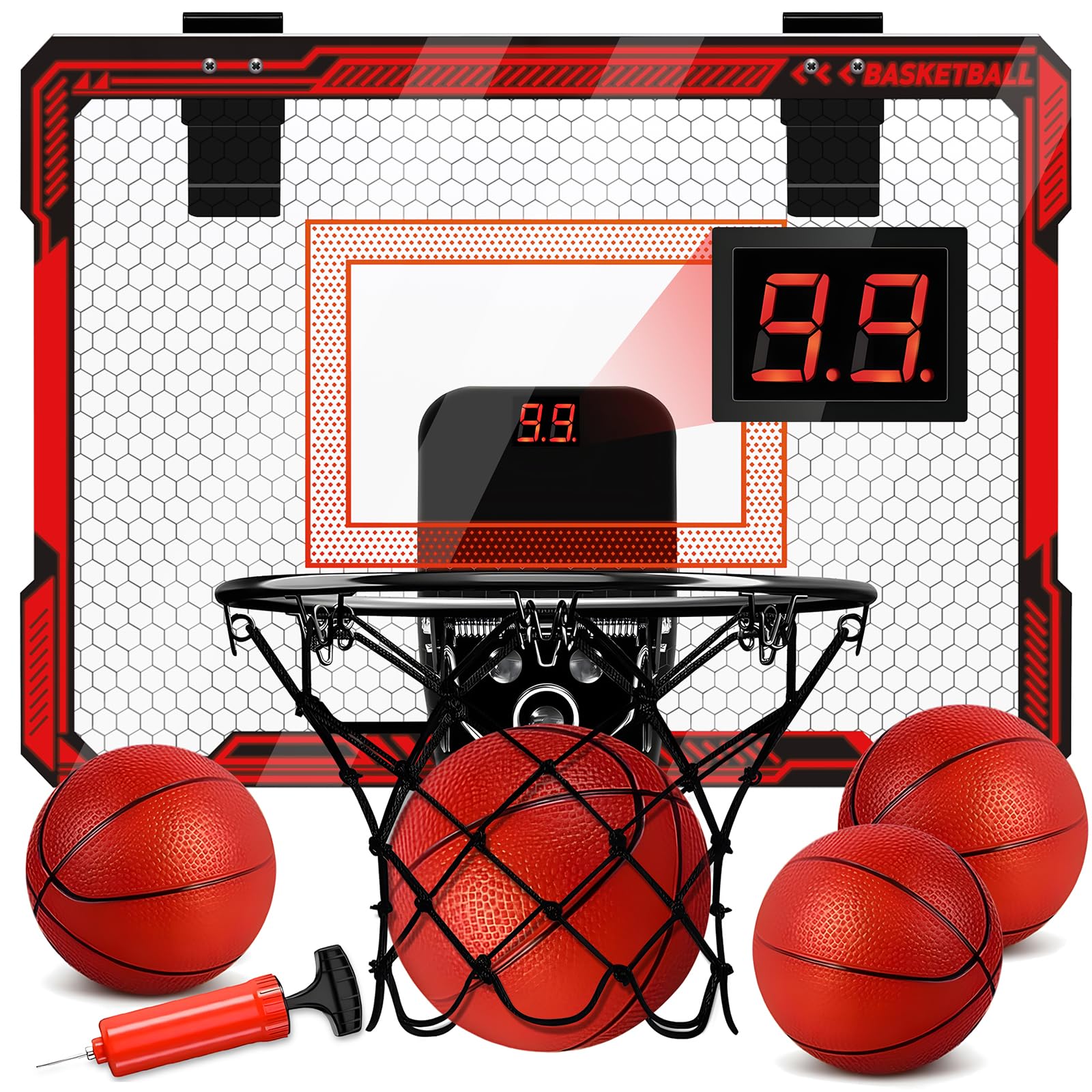 Basketball Hoop Indoor for Kids, Over The Door Basketball Hoops with LED Lighting & Audio Scoreboard, Mini Basketball Hoop Basketball Toys Gifts for 5 6 7 8 9 10 11 12 Year Old Boys Girls (Red)