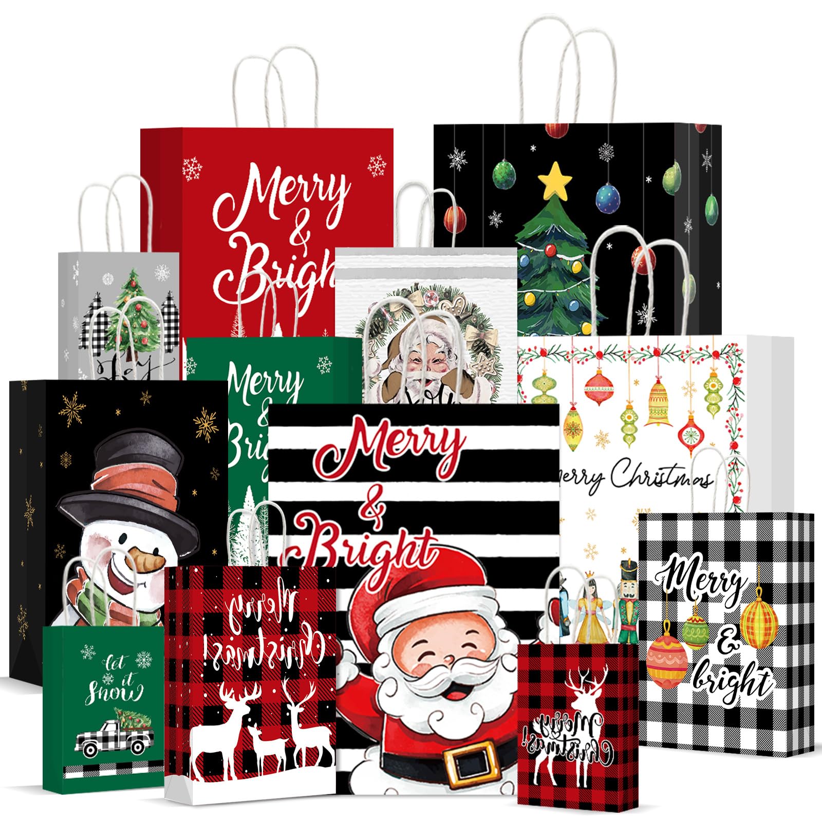 CHUNNIN 12 PCS Christmas Gift Paper Bags Bulk with Handles Xmas Holiday Bags Assorted Sizes Set for Christmas Party Supplies Favors Wrapping Presents Goodie Bags (3 Jumbo, 3 Large, 3 Medium, 3 Small)