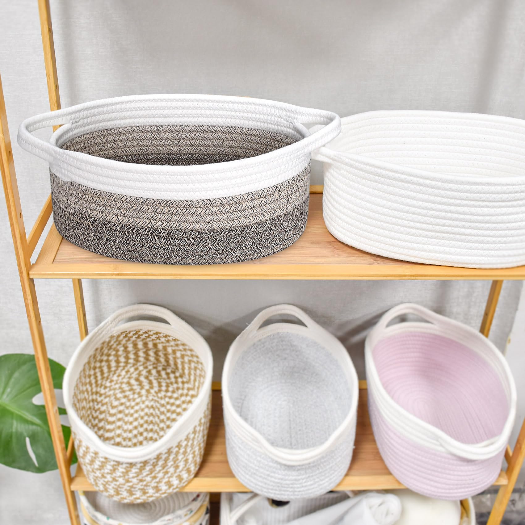 ABenkle Small Woven Basket, 12"x 8" x 5" Cute Small Basket, Rope Room Shelf Storage Basket, Cat Dog Toys Basket Chest Box, Empty Decorative Gift Basket with Handles - White & Mixed Brown & Dark Brown