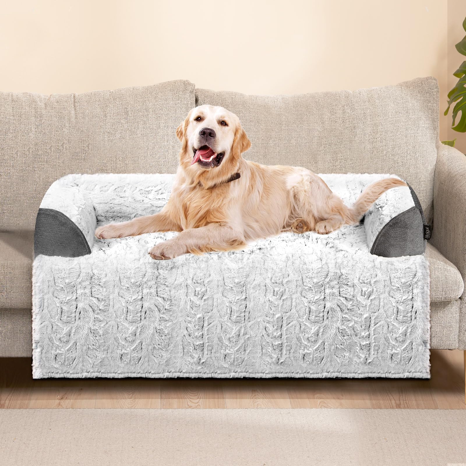 blunique Calming Dog Couch Bed for Large Dog, 41 x 37 inch Waterproof Memory Foam Dog Bed for Couch, Durable Fluffy Fuzzy Dog Bed Mats with Washable Removable Cover Protector for Sofa, Bedside - Grey