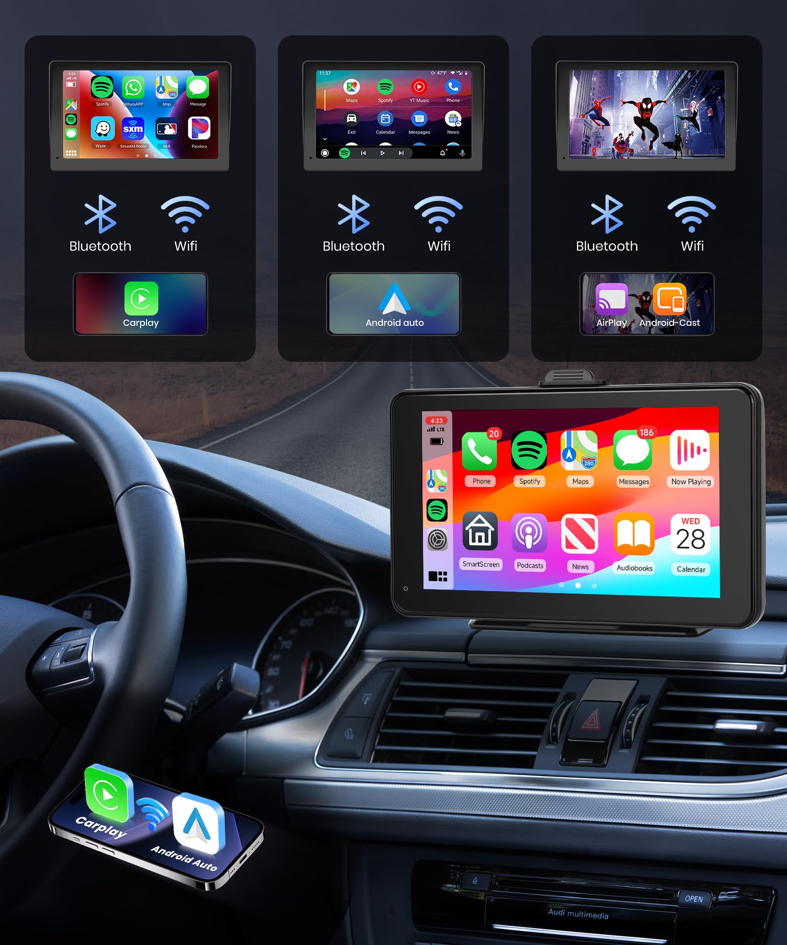 Portable Wireless CarPlay Screen for Car,7inch 1080P HD IPS Touchscreen Car Stereo with Wireless Android Auto,Portable Car Radio Support HD Backup Camera,Mirror Link,Bluetooth,FM,GPS,Voice Control,AUX