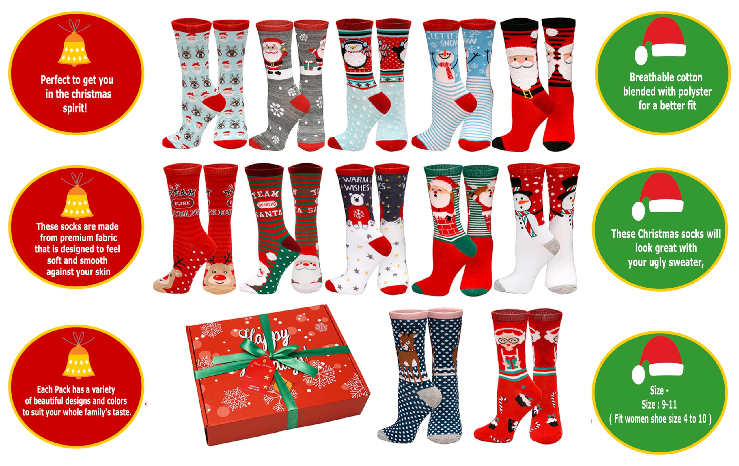 Gilbins 12 Pair, Holiday Gift Christmas Socks, 12 Different Designs, Cheerful Messages For The Holidays, Women Adults Size 9-11