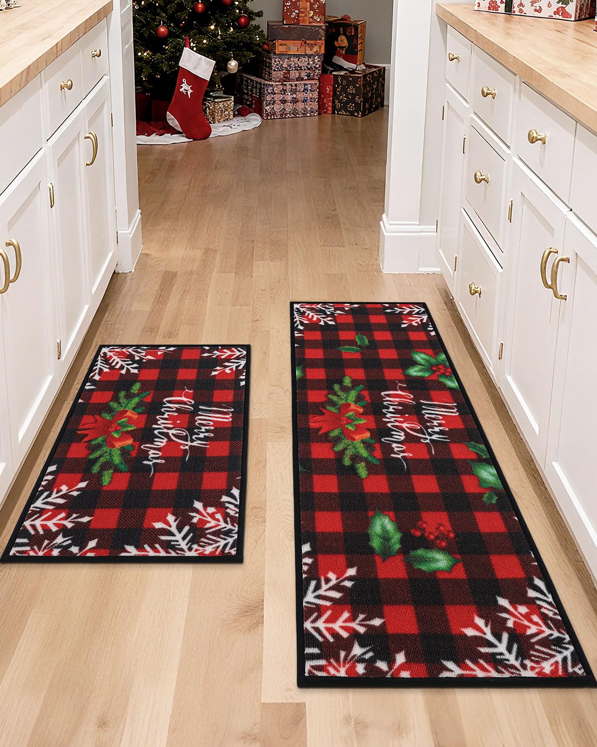 JSEI Christmas Kitchen Mats for Floor Set of 2, Red Buffalo Plaid Non-Slip Kitchen Rugs Merry Christmas Bow Tree Snowflake, Kitchen Floor Mat Washable Christmas Rug for Kitchen Decor, 17"x30"+17"x48"