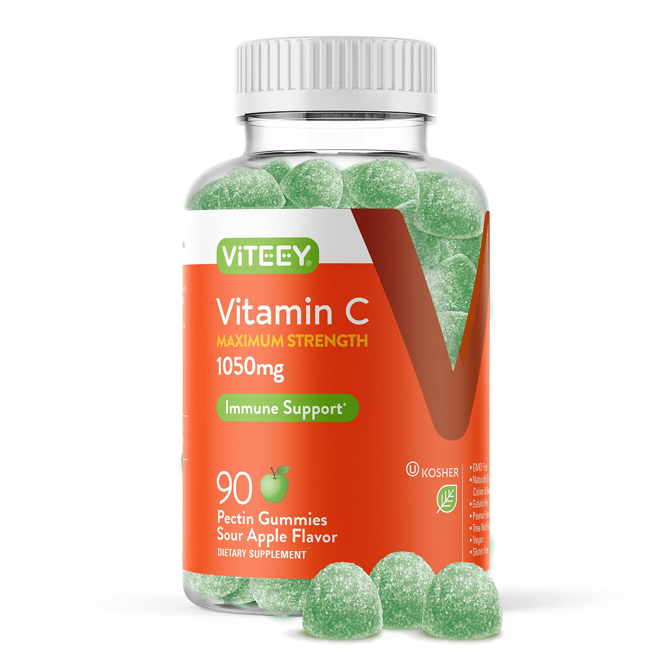 Vitamin C Gummies for Adults & Teens, 1050mg Maximum Strength - Immune Support Gummies - Immune Booster - Vegan, Gelatin Free, Gluten Free - Tasty Vitamin C Chewable Sour Apple Flavored Gummy