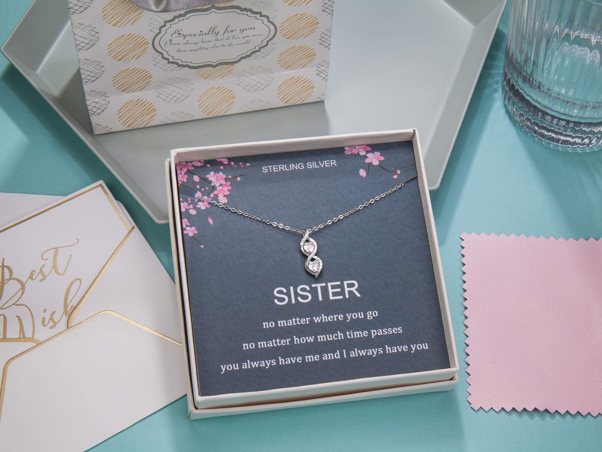 Sister Gifts from Sister, Sterling Silver Infinite Two Interlocking Infinity Double Hearts Necklace, Birthday Jewelry Gift Necklaces for Sisters, No Matter