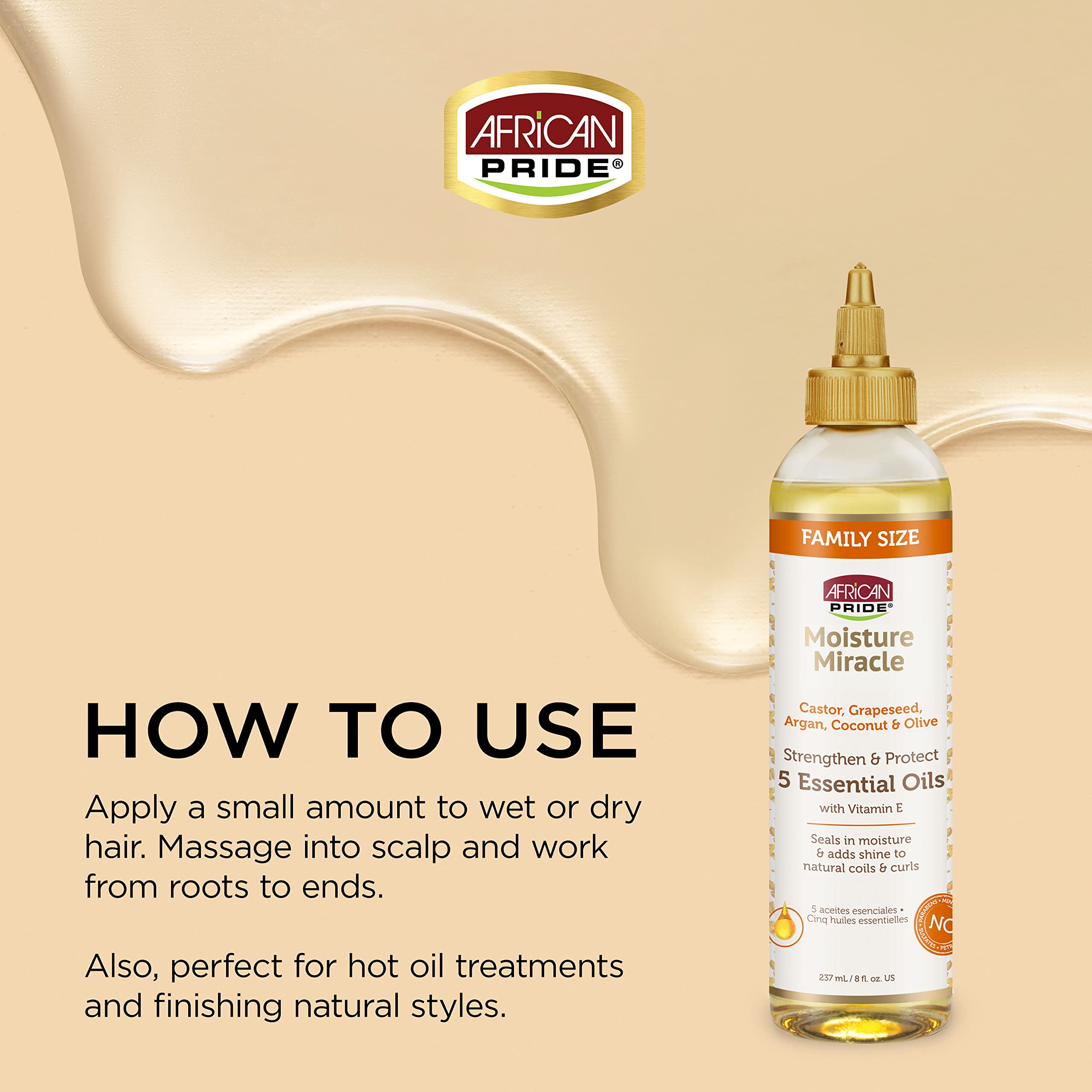 African Pride Moisture Miracle 5 Essential Hair Oils - Contains Castor, Grapeseed, Argan, Coconut & Olive Oil, Seals in Moisture & Adds Shine to Hair, Vitamin E, 8 oz