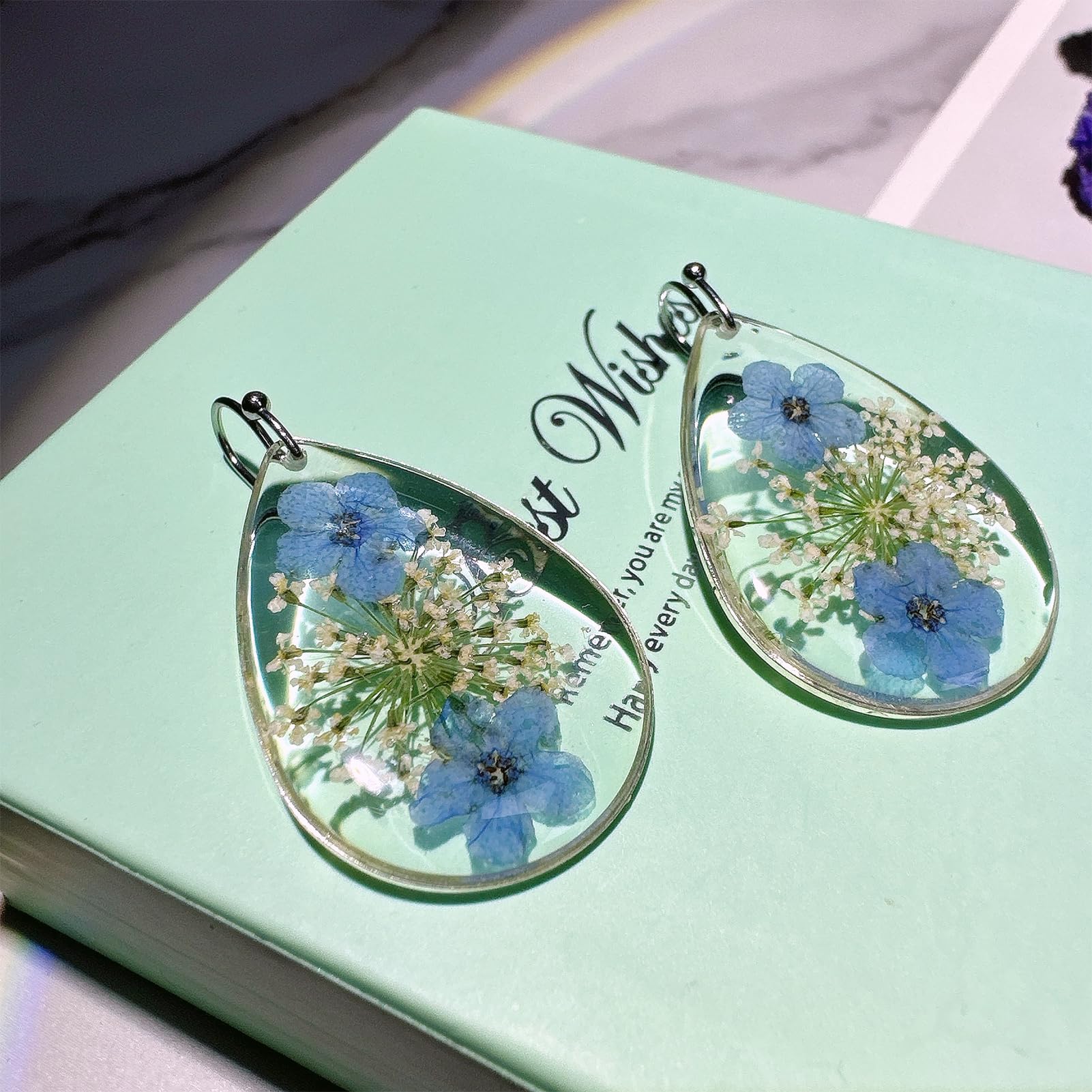 Forget-Me-Not Handmade Pressed Flower Earrings,Symbol Of Love And Innocence,Perfect For Your Birthday Party,Christmas,Gift Giving(Silver)