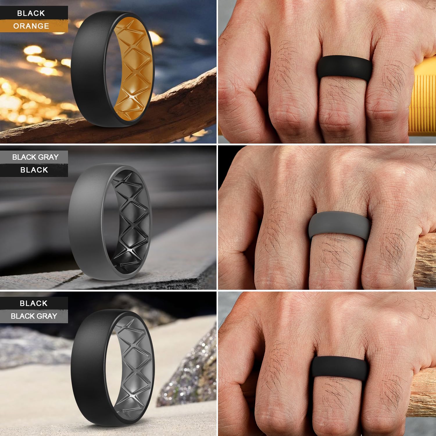 Egnaro Silicone Ring Men 1/4/5/6/7 Multipack of Breathable Mens Silicone Rubber Wedding Rings Bands with Air Flow Grooves