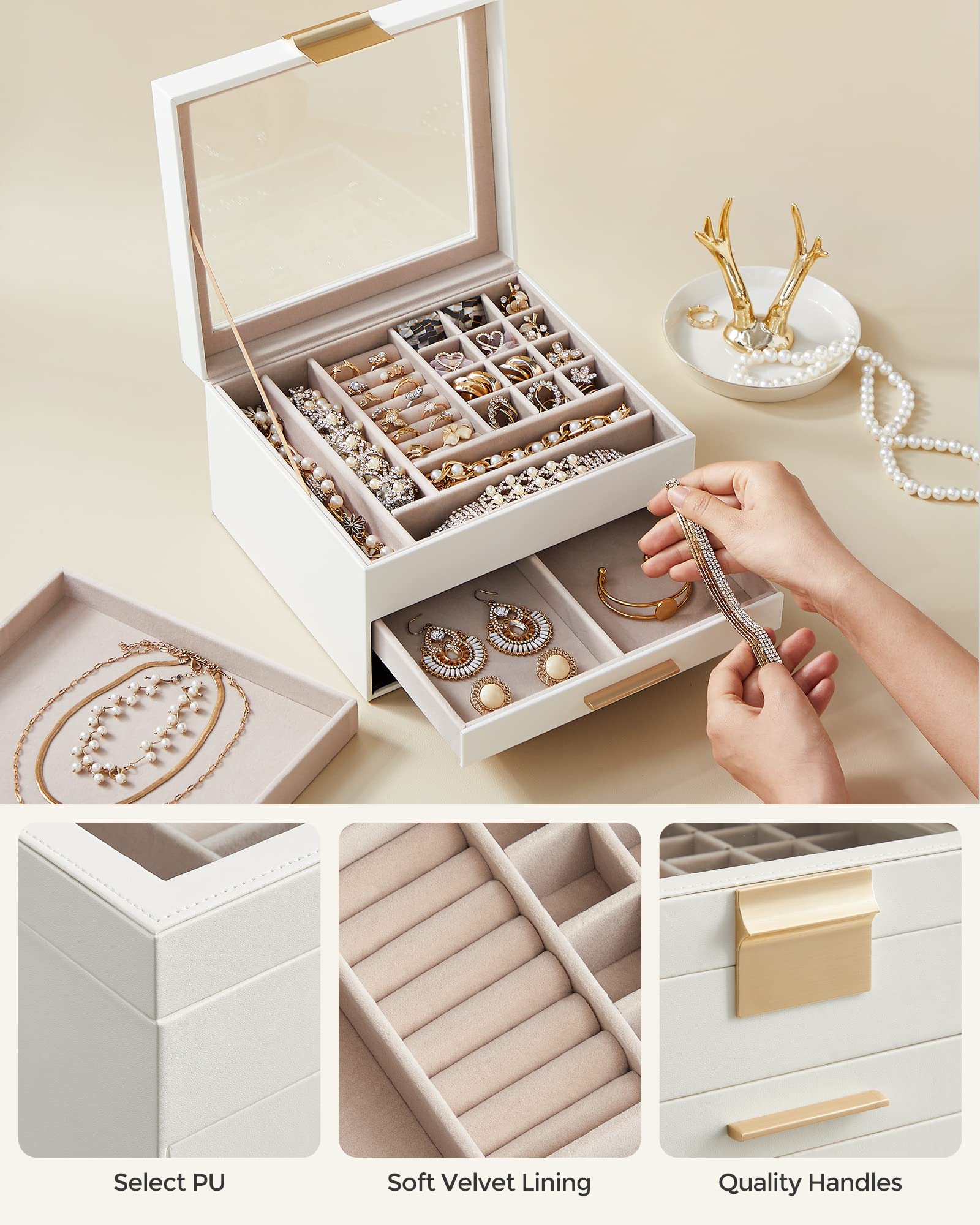 SONGMICS Jewelry Box with Glass Lid, 3-Layer Jewelry Organizer, 2 Drawers, for Big and Small Jewelry, Jewelry Storage, Mother's Day Gifts, 8 x 9.1 x 5.3 Inches, Cloud White and Gold Color UJBC239WT