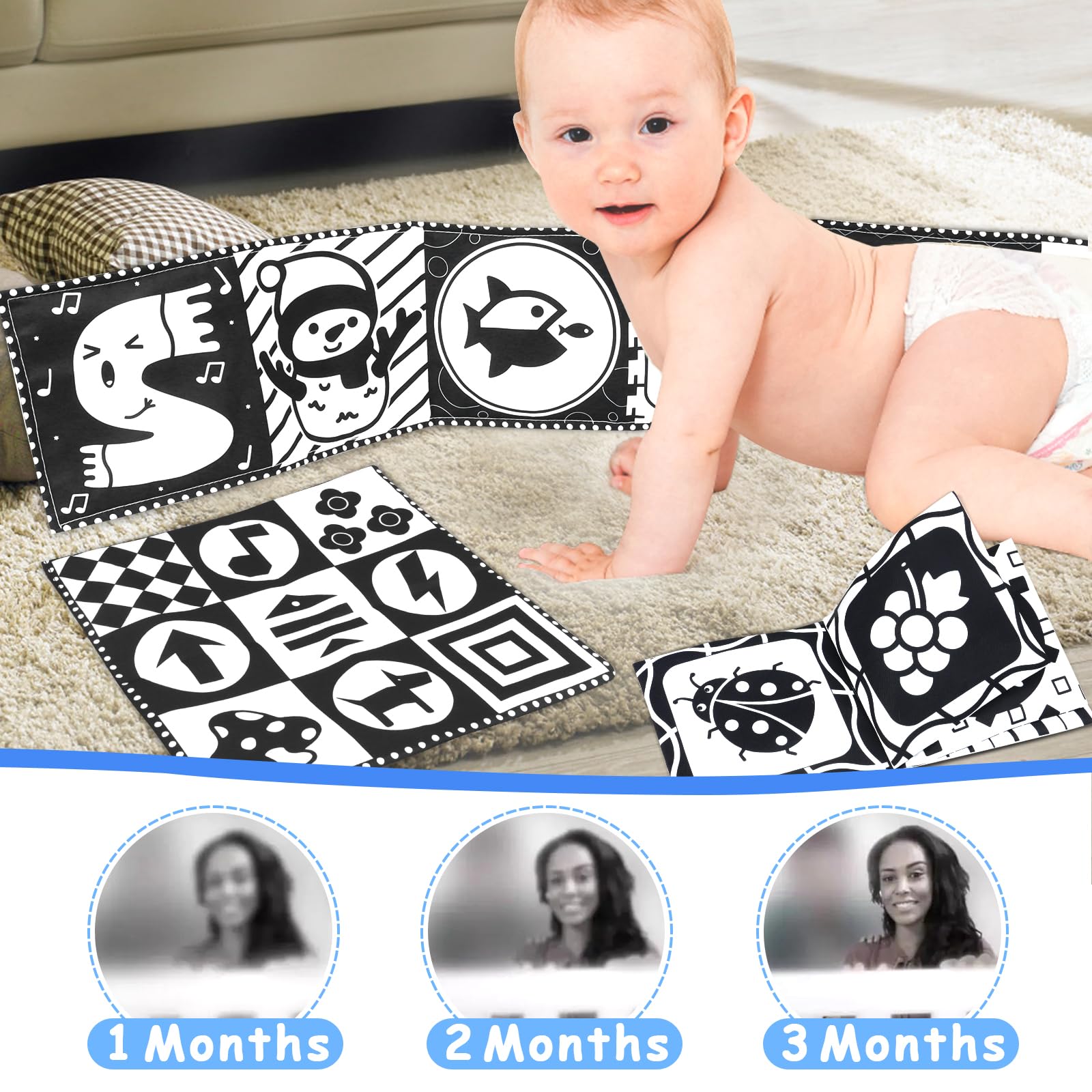 KUANGO Newborn Toys Black and White Baby Toys 0-3 Months High Contrast Baby Toys for Newborn - High Contrast Baby Soft Book Infant Tummy Time Toys Crinkle Sensory Toys for Brain Development