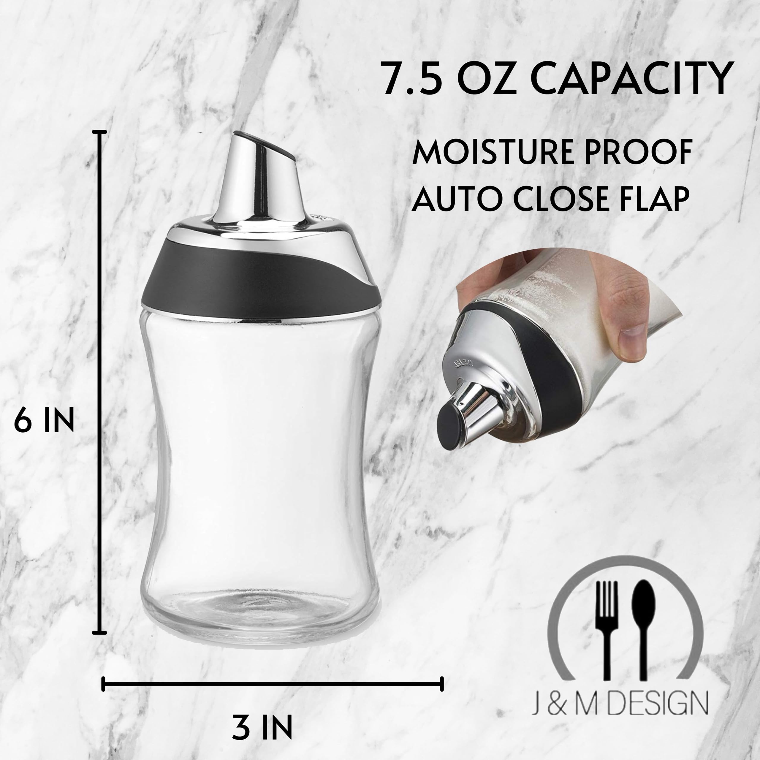 J&M DESIGN Sugar Dispenser with Pour Spout - 7.5oz Glass Jar, Chrome Twist Off Cap - Coffee Bar Accessories, Baking Supplies Organizer, Powdered Creamer Container