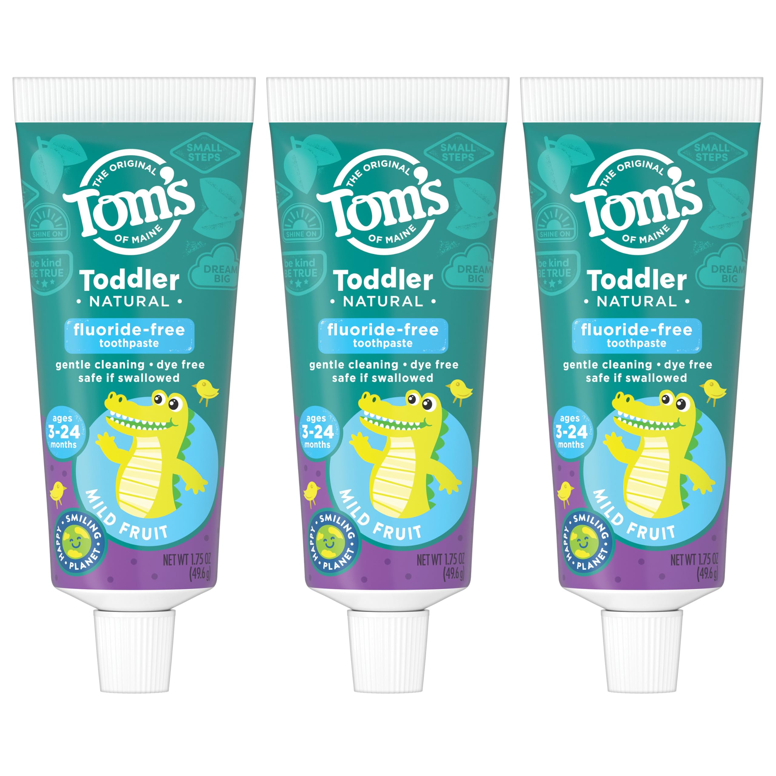 Tom's of Maine Fluoride-Free Toddler Training Toothpaste, Mild Fruit, 1.75 oz. 3-Pack (Packaging May Vary)