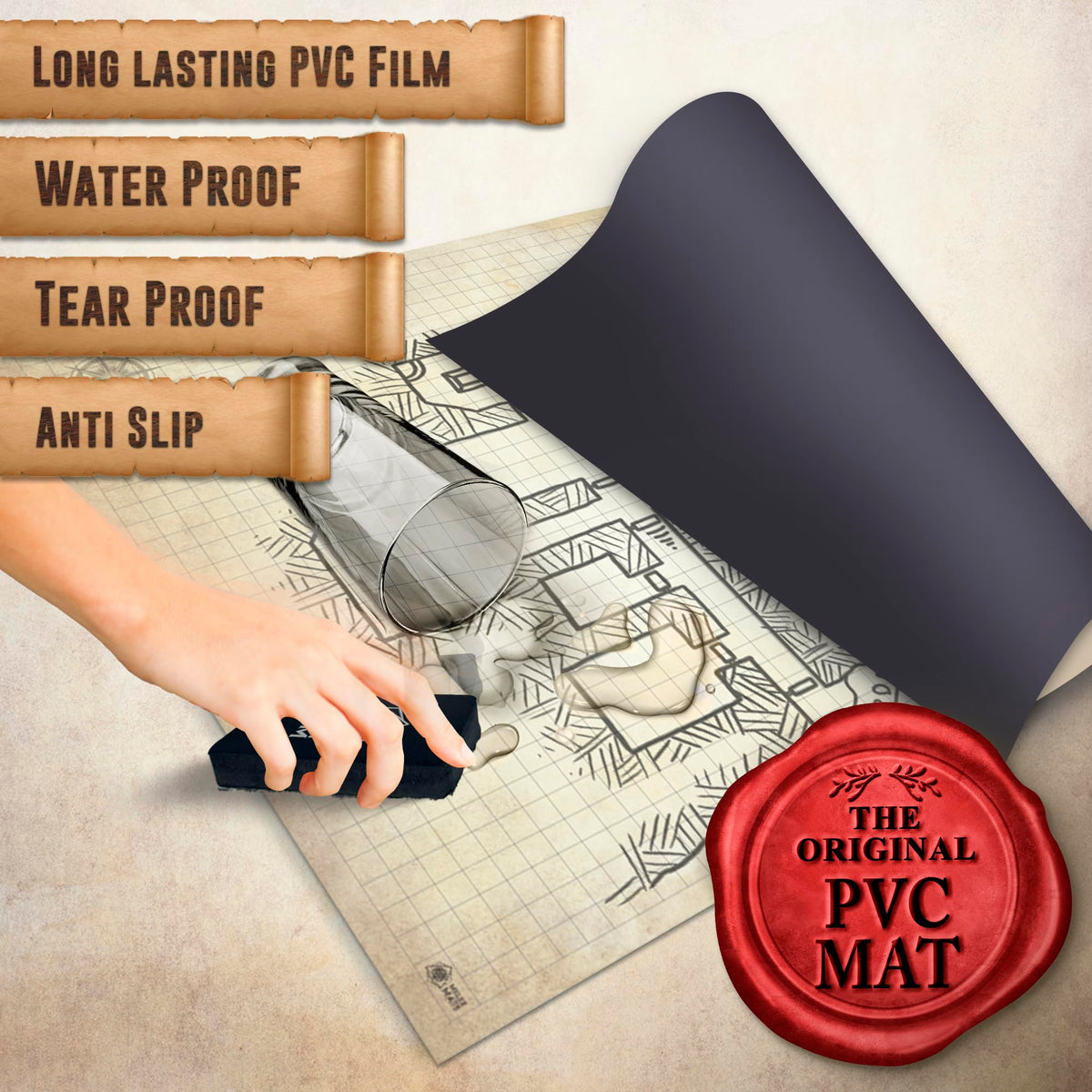 Melee Mats DND Map Starter Kit for Dungeons & Dragons Game - 35” x 48", Wet/Dry Erase Battle Terrain Grid - Ultimate Tabletop Gaming Experience with Accessories