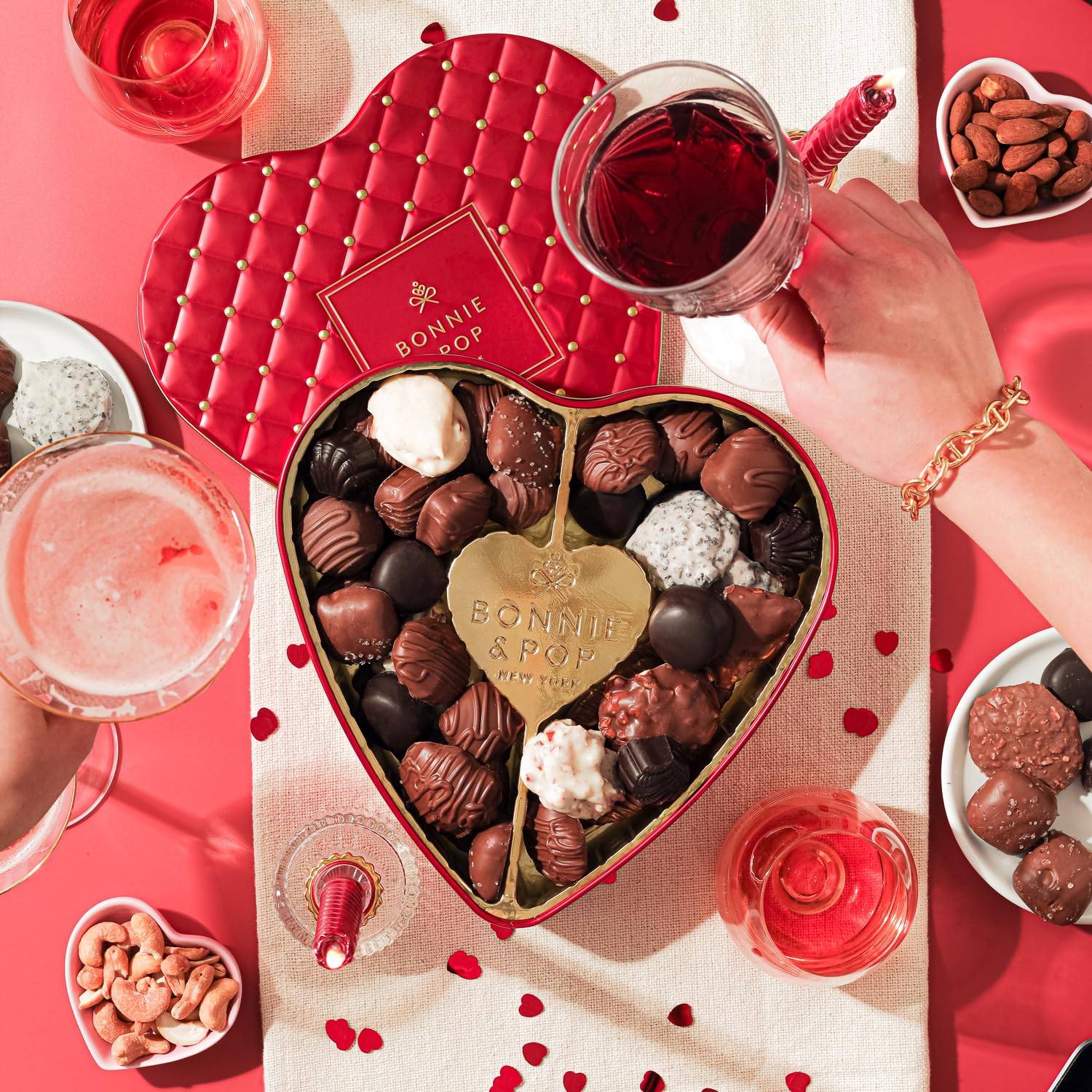 Valentines Day Chocolate Gift Basket | Heart Shaped Gift Present for Anniversary, Engagement, Bridal Wife, Girlfriend, Spouse, Partner, Love, Romance with Assorted Milk Chocolate Truffles | Bonnie and Pop