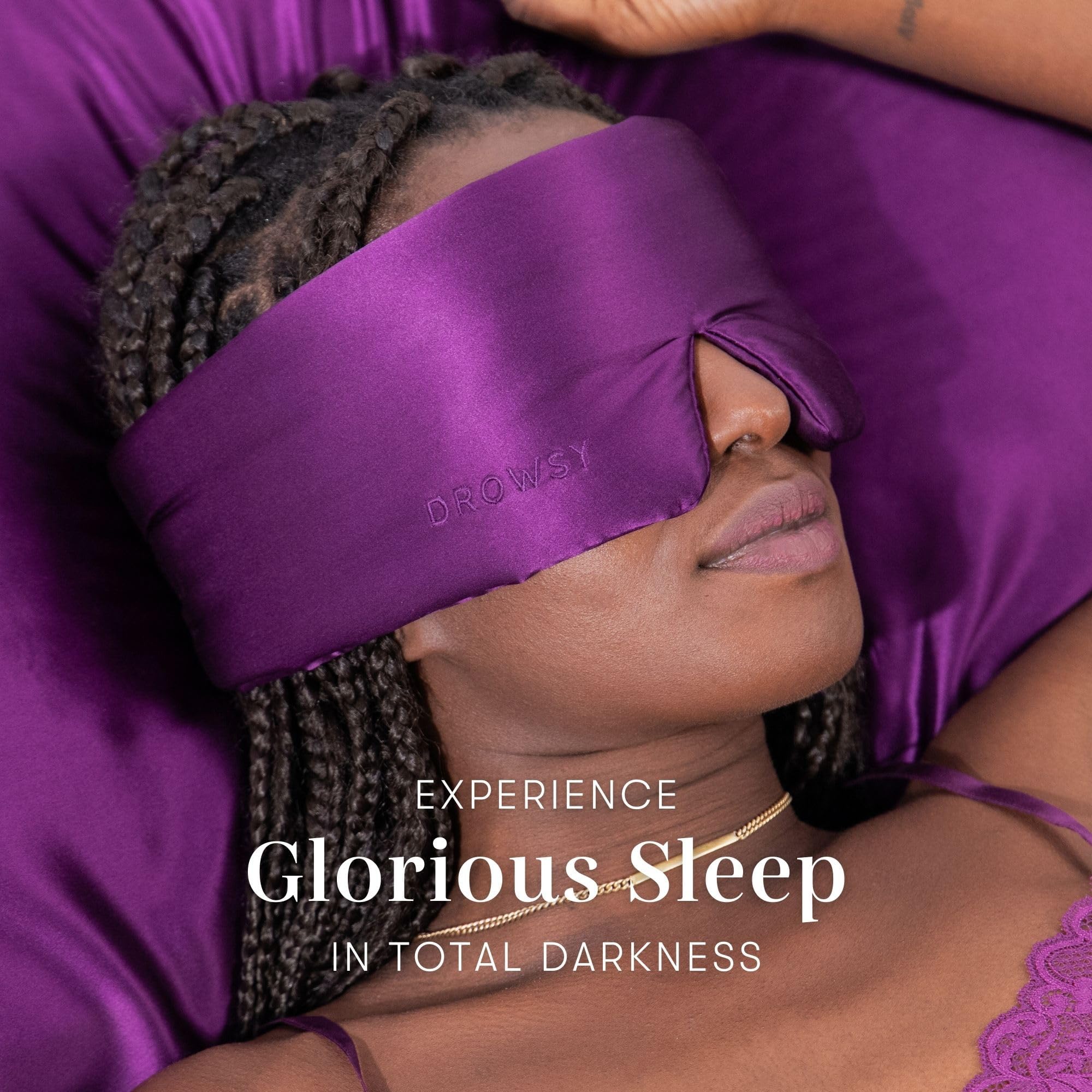 DROWSY Silk Sleep Mask. Face-Hugging, Padded Silk Cocoon for Luxury Sleep in Total Darkness. (Purple Martini)