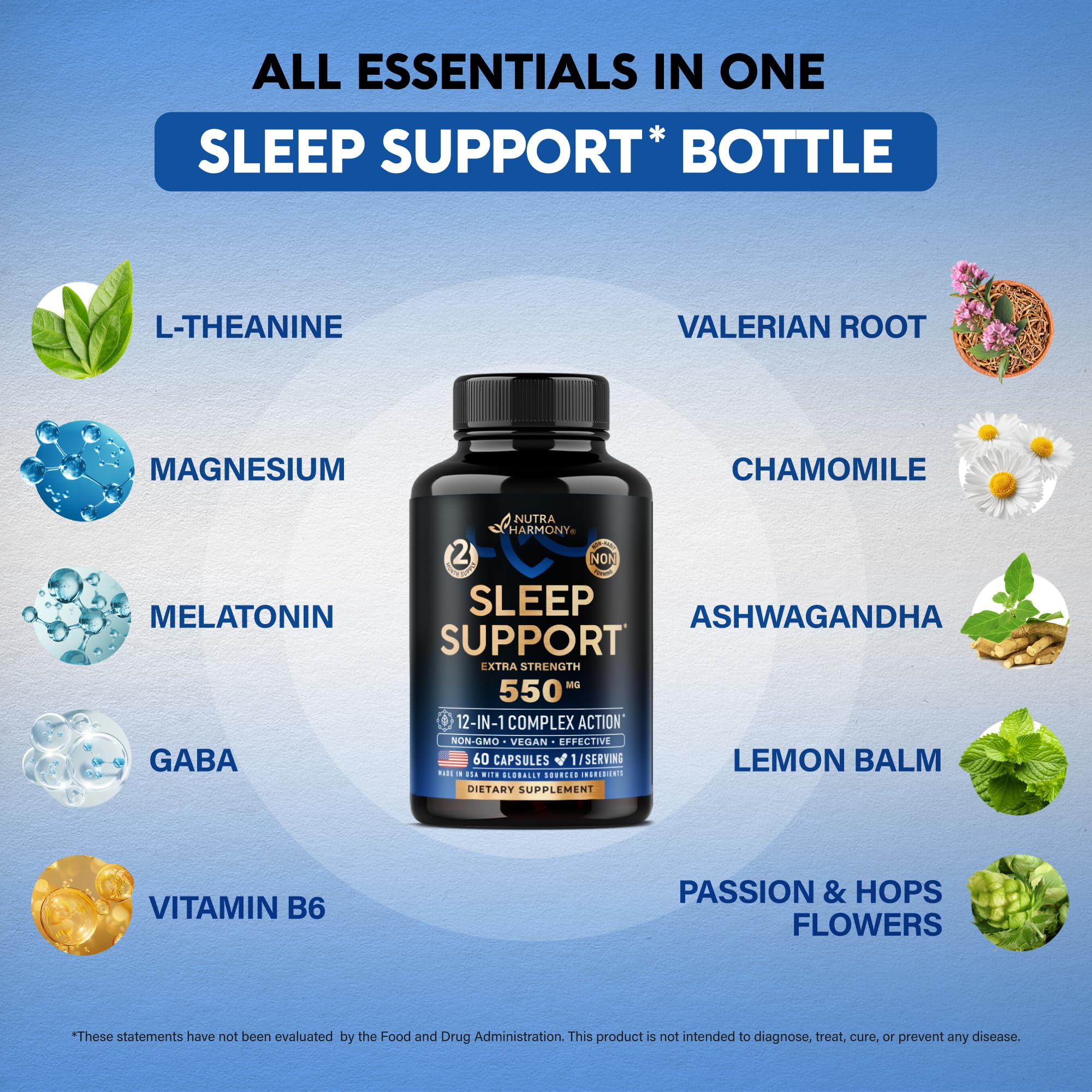 Sleeping Pills for Adults 550mg - Melatonin 3mg | Valerian Root for Sleep | L-Theanine | Magnesium - Natural Sleep Aid Supplement - Non-Habit Forming Rest Support - Made in USA - 1/day, 2 Month Supply