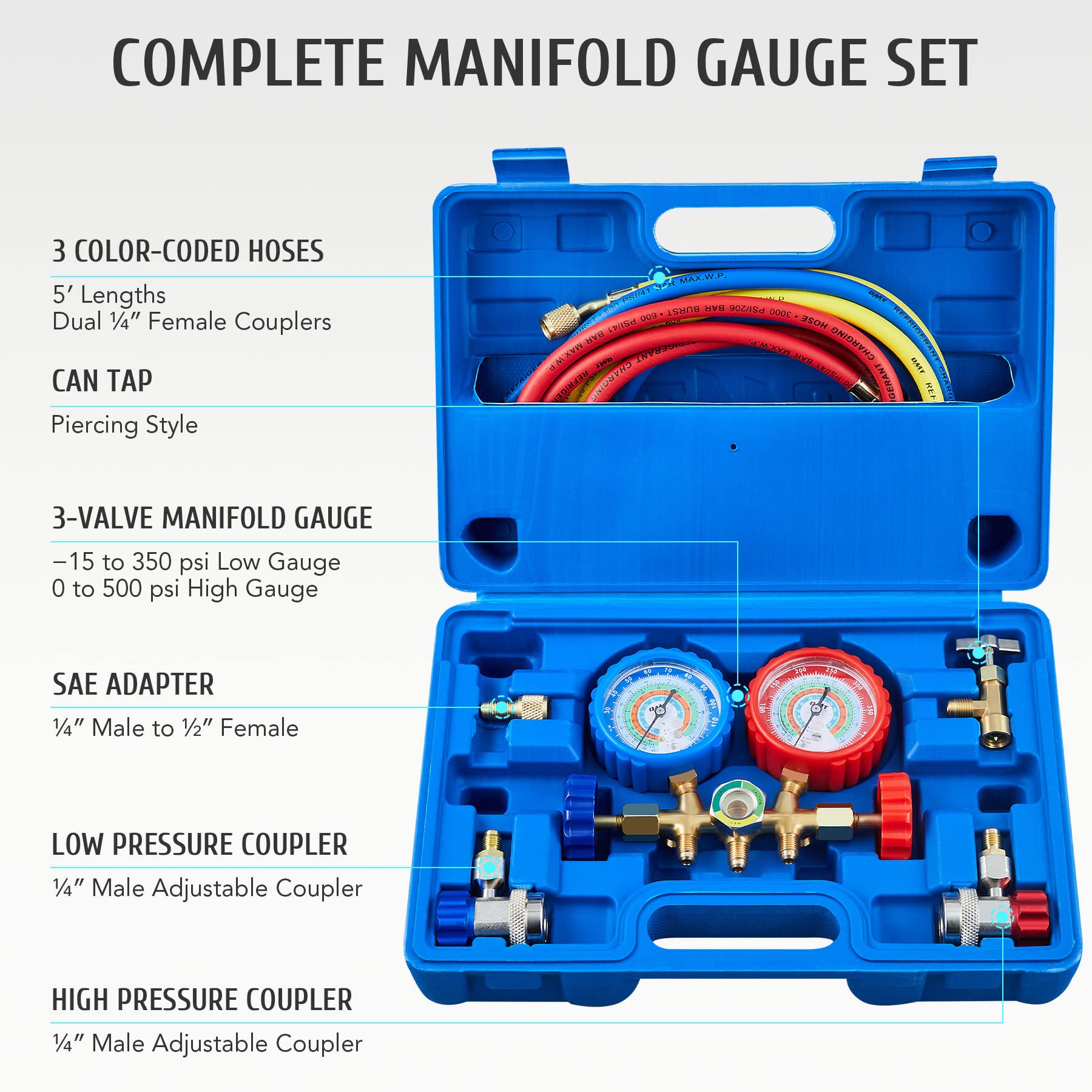 Orion Motor Tech AC Gauges, AC Manifold Gauge Set for R134a R12 R22 R502, 3 Way Automotive AC Gauge Set with Antishock Gauges Hoses Couplers Adapter, Puncturing Can Tap Freon Recharge Kit