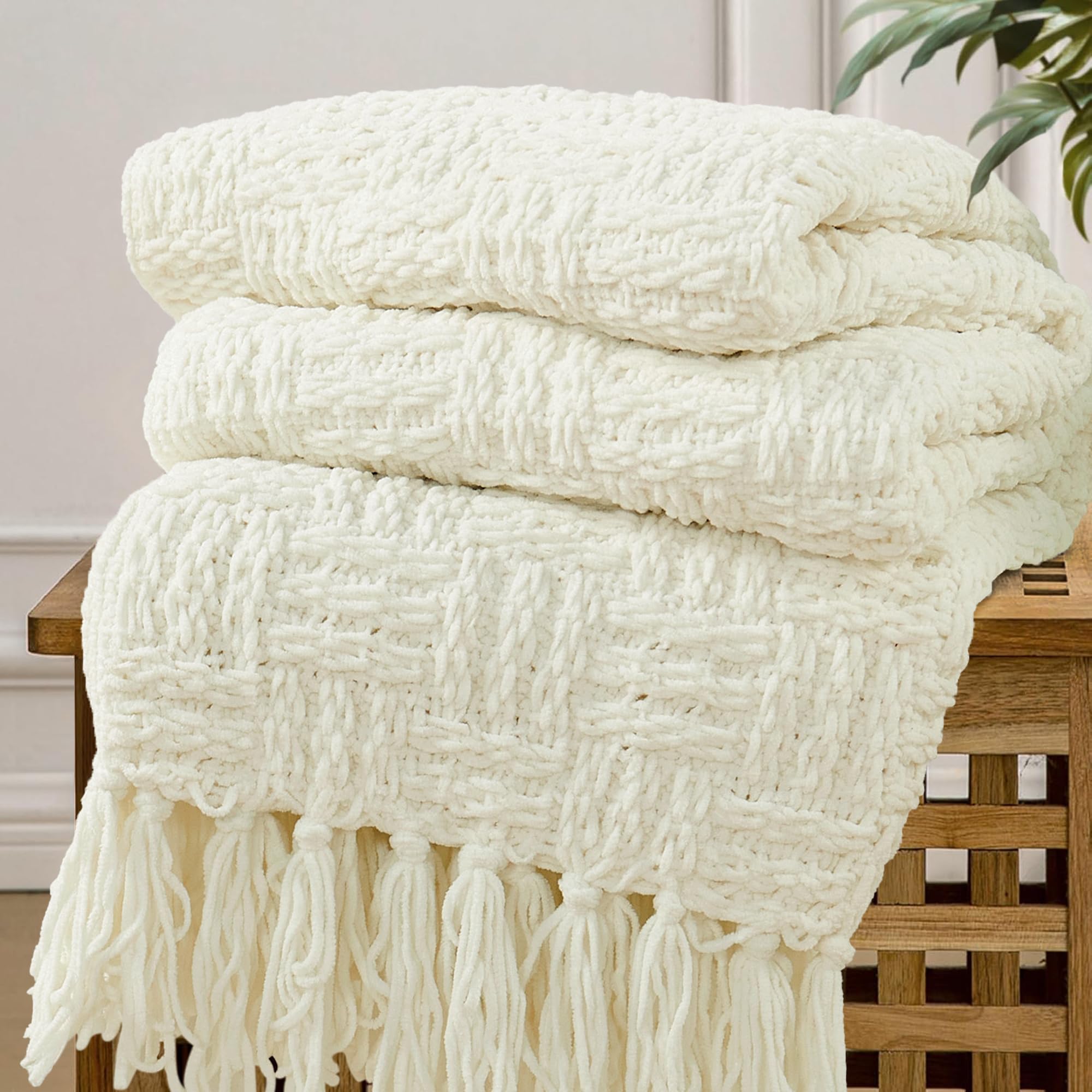 Home Soft Things Cable Knitted Throw Blankets 50'' x 60", White, Soft Cozy Fluffy Decorative Throw with Tassels Couch Bed Sofa Cover Throw Blankets