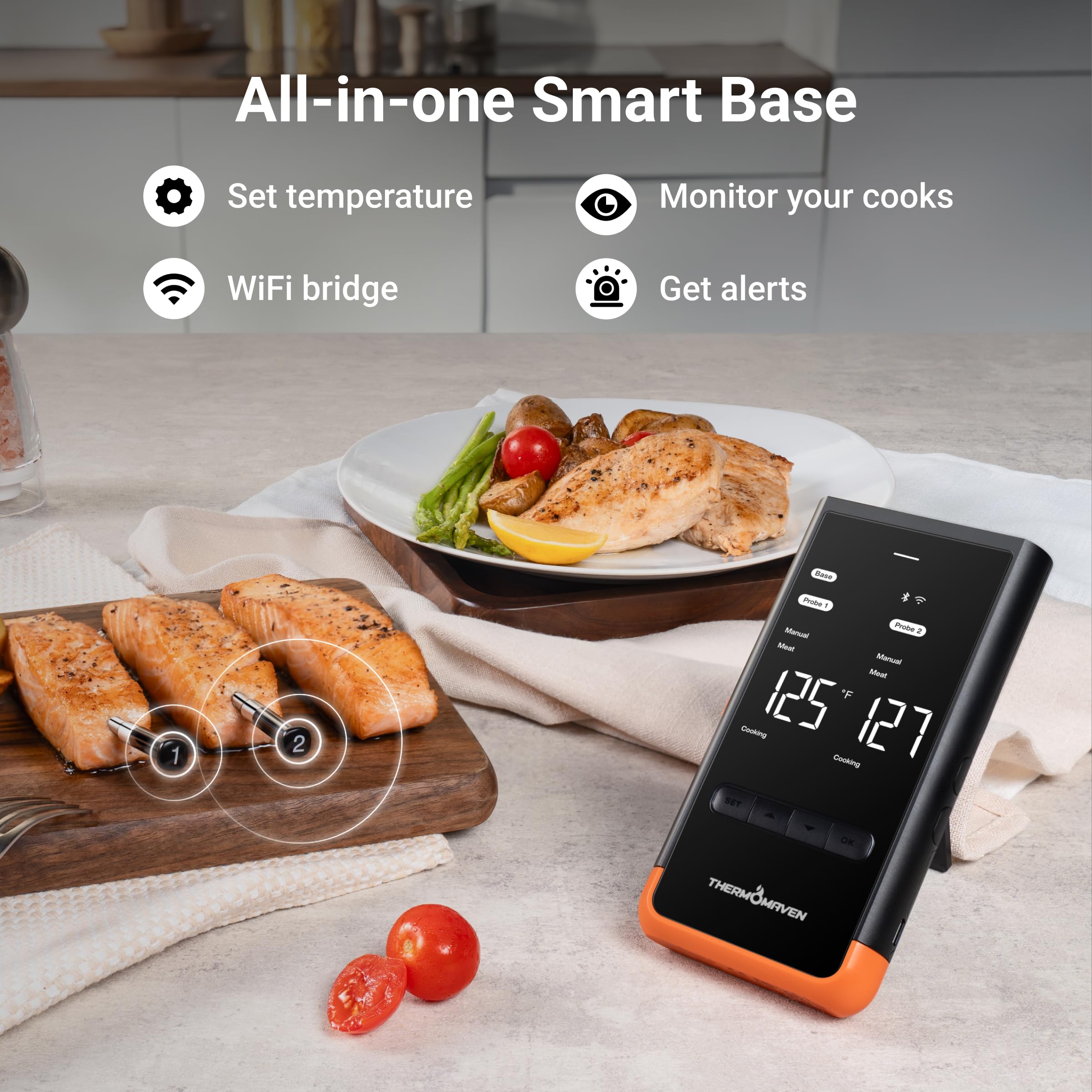 ThermoMaven Wireless Bluetooth Smart Meat Thermometer: Standalone Base, Smart WiFi Thermometer with Sub-1G, 6 Sensors NIST Certified Accuracy, 2 Probes, for BBQ, Grill, Oven, Smoker, Rotisserie