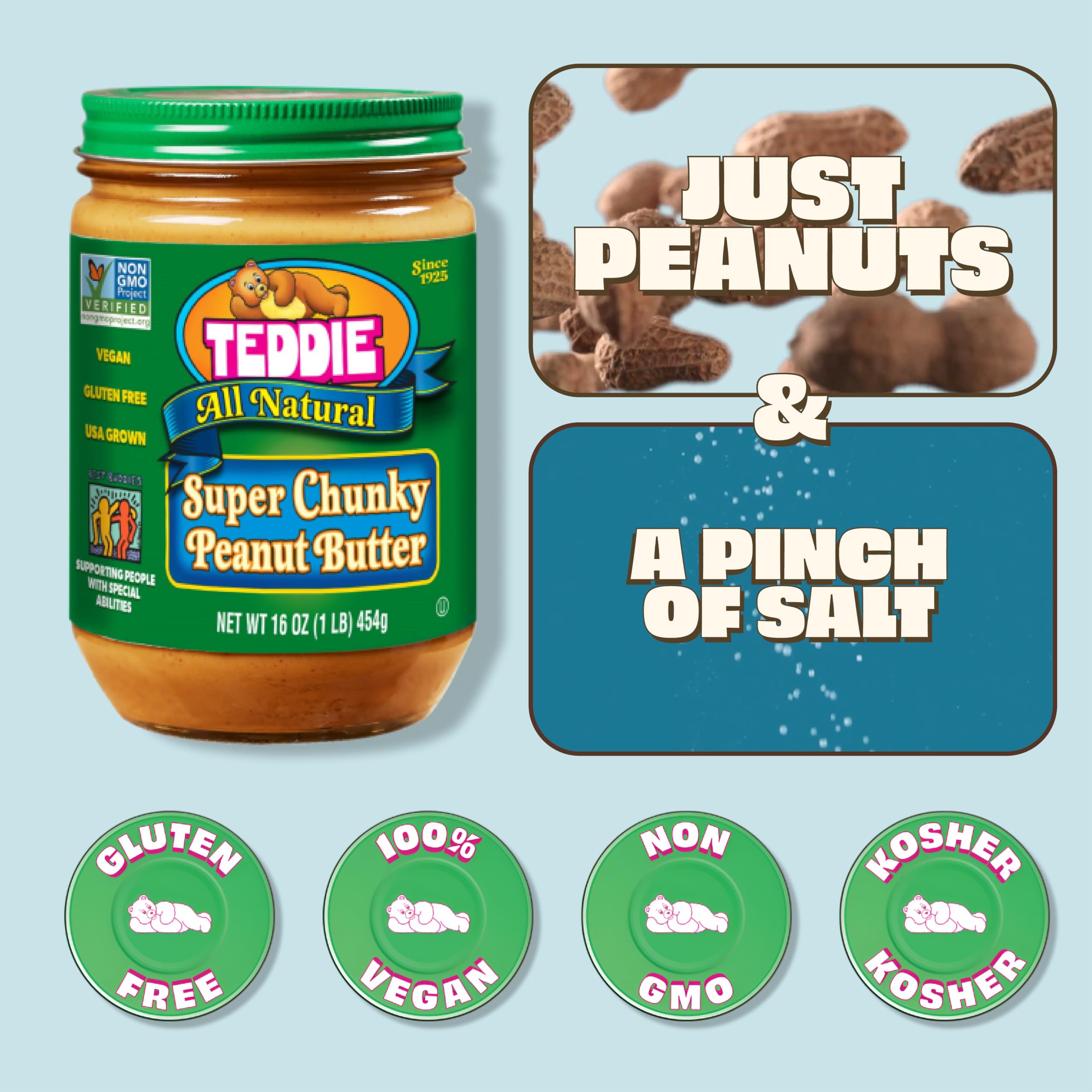 Teddie All Natural Peanut Butter, Super Chunky, Gluten Free & Vegan, 16 Ounce (Super Chunky, Pack of 1)