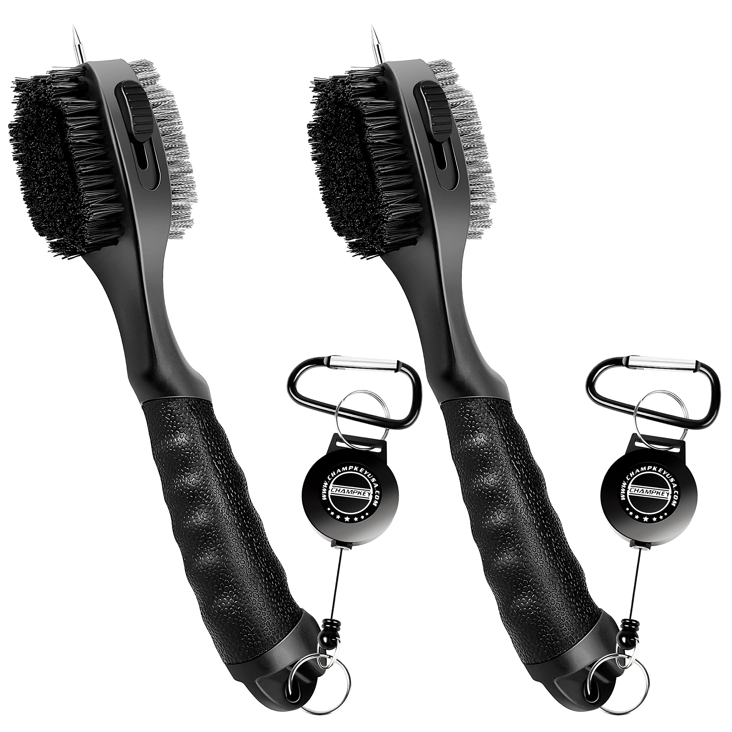 CHAMPKEY PRO Retractable Golf Club Brush | Oversized Brush Head with Soft Rubber Hand Grip & Retractable Groove Cleaner Golf Brush (Black 2 Pcs)