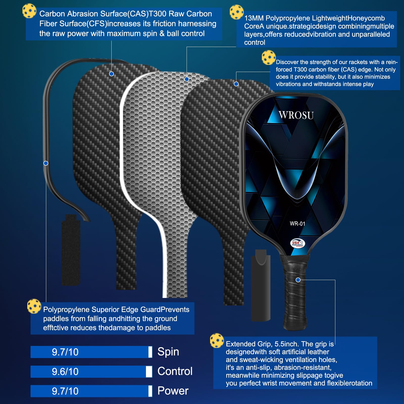 WROSU Pickleball Paddles Set of 4 Carbon Fiber | 2024 USAPA Approved Equipment w/Accessories | Core Carbon Fiber Pickleball Racquet Set | Have Traction and Stability | Set for Friends