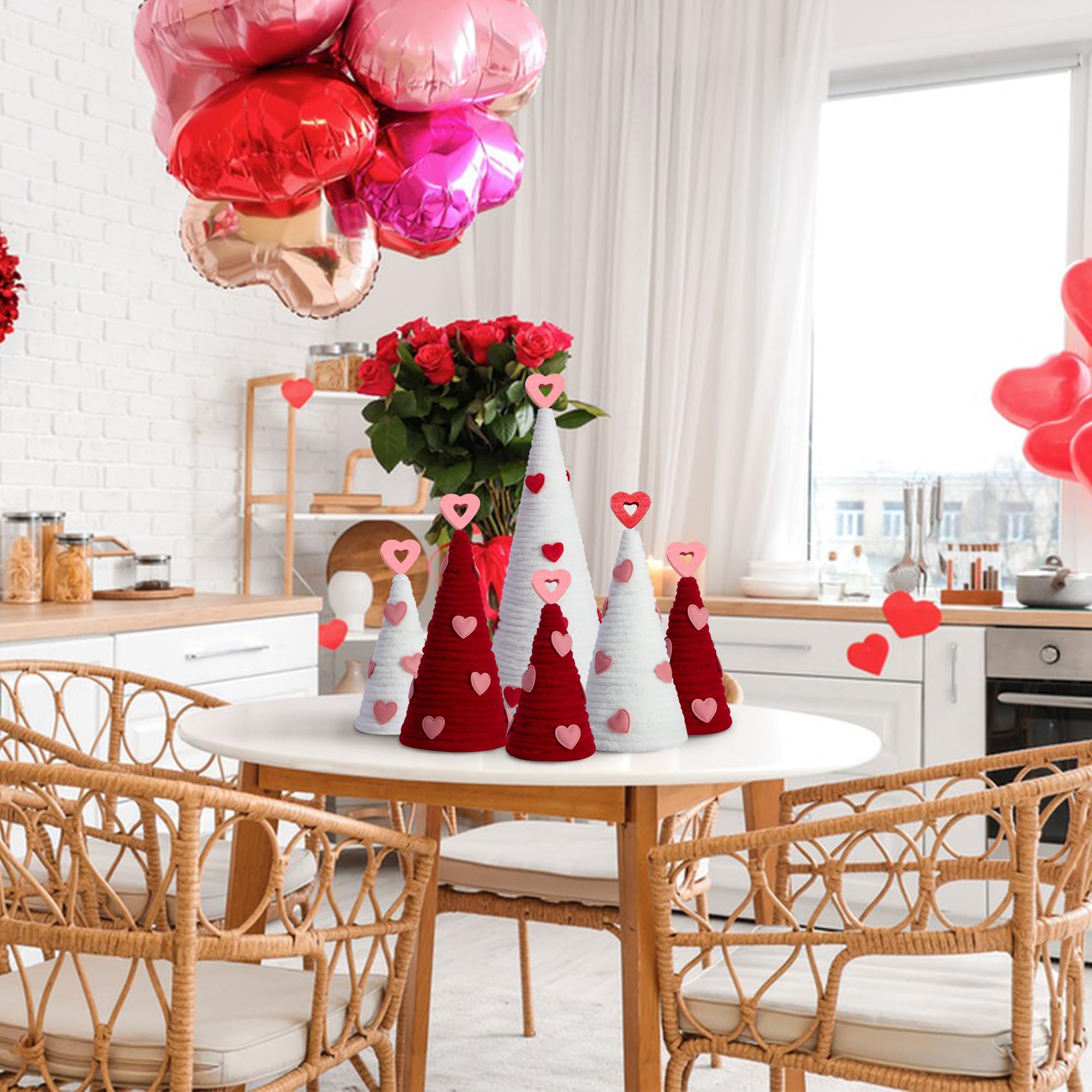 Iceyyyy 6 Pcs Valentine Day Tree Table Decorations Set-Artificial Yarn Wrapped Mini Trees with Heart Decor-Pink White Valentine's Day Tabletop Tree for Farmhouse Indoor Home Kitchen Decor