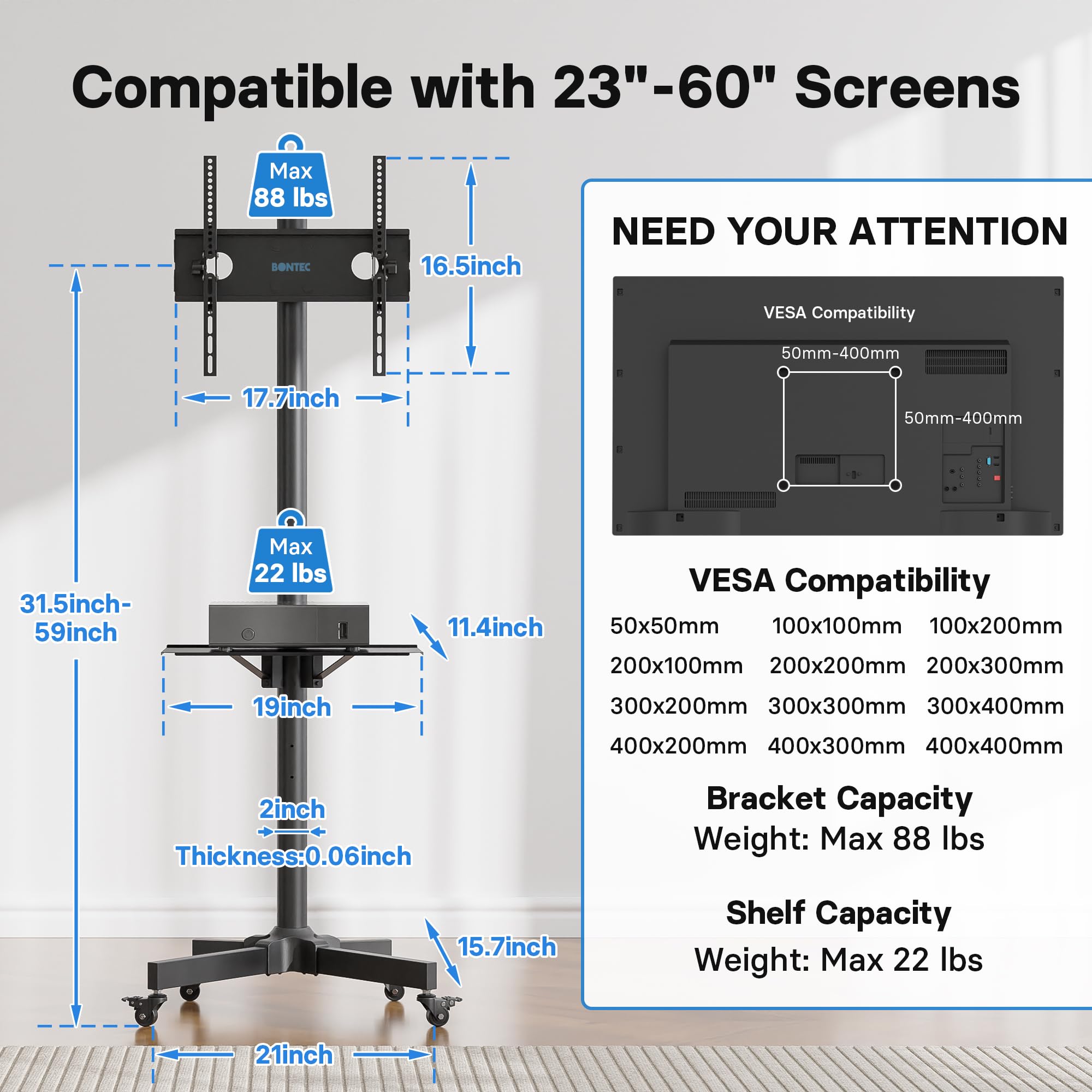 BONTEC Mobile TV Stand with Tilt, Rolling TV Stand Fits 23-60" LED, LCD, OLED, Flat Curved TVs Up to 88 lbs, Height Adjustable TV Cart with Laptop Shelf, Max VESA 400x400mm