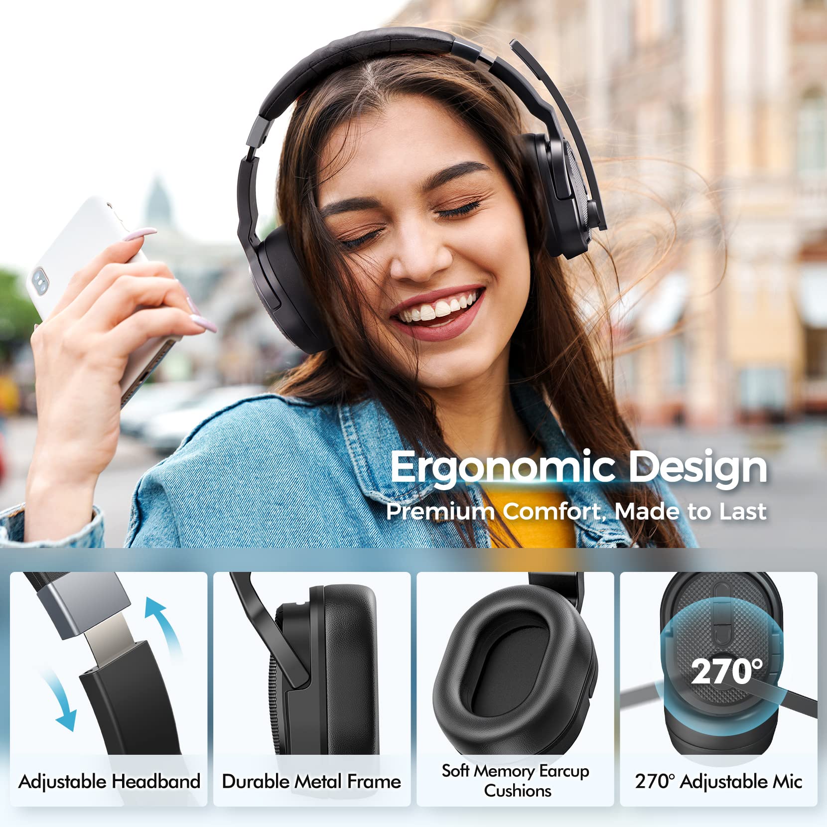 COSMUSIS Trucker Bluetooth Headset, Wireless Headsets with Noise Cancelling Microphone, 40+Hrs HD Talktime Bluetooth Headphones with Detachable Earpad/Single+Dual Mode for Office/Driving/Home