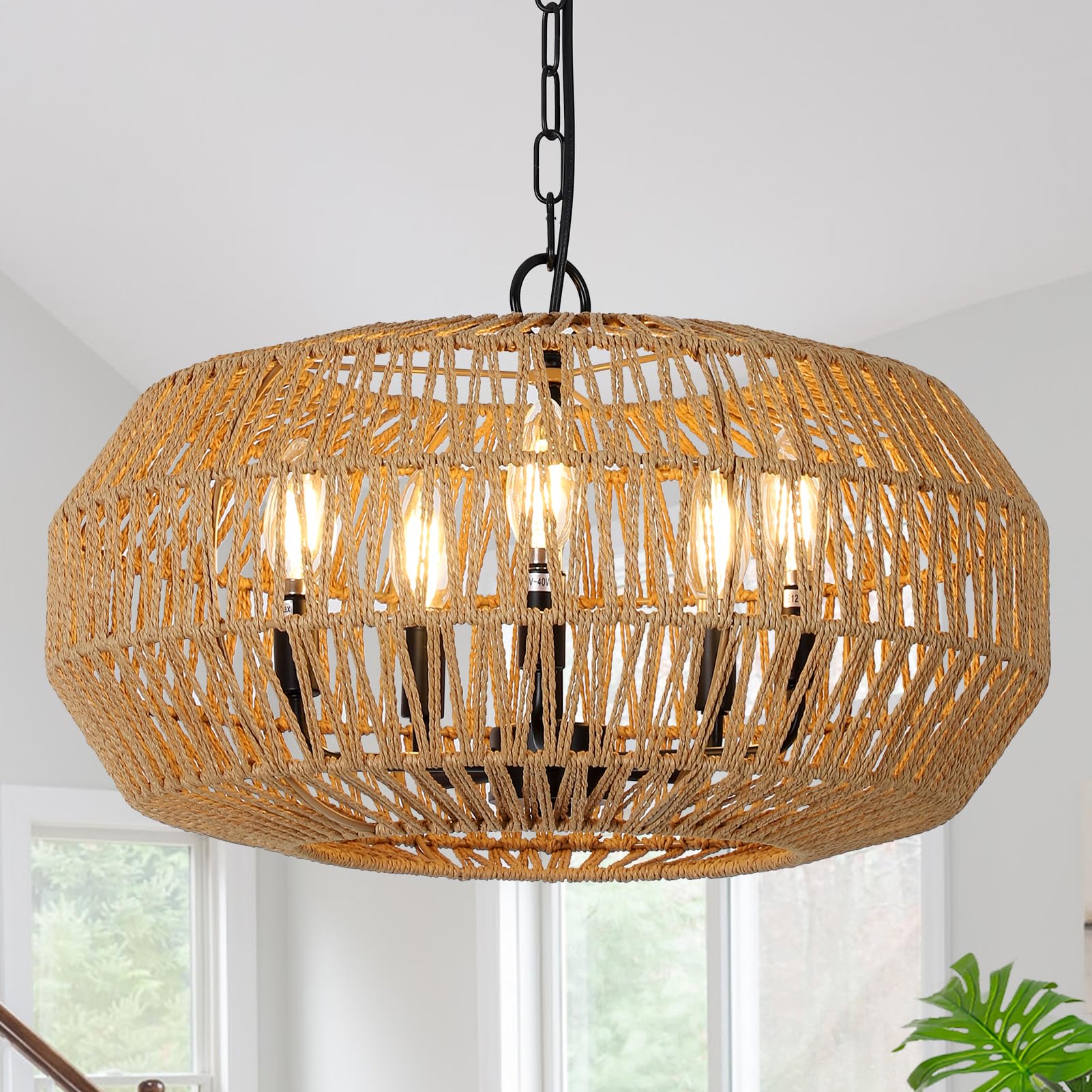 Stepeak Large Farmhouse Chandelier Light Fixtures, 5-Lights Boho Rattan Pendant Lighting with Woven Wicker Shade, Coastal Basket Chandeliers for Dining Room Living Room Kitchen Island Bedroom