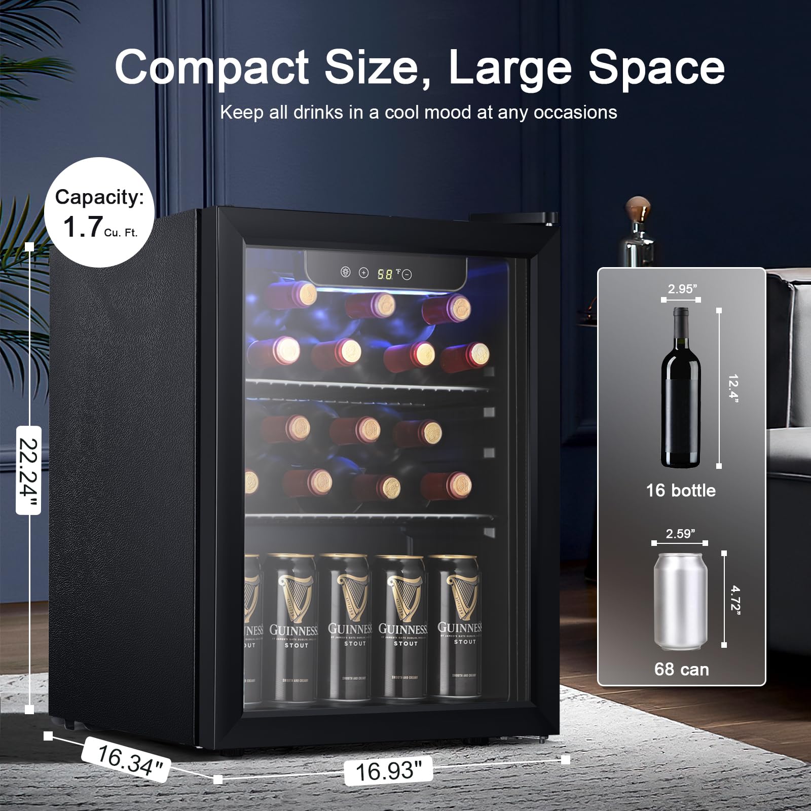 Antarctic Star Beverage Refrigerator Cooler,16 Bottle 66 Can Mini Fridge Glass Door for Beer Drinks or Wine for Home and Bar, Electronic Temperature Control, with Blue LED, 1.7 Cu.Ft