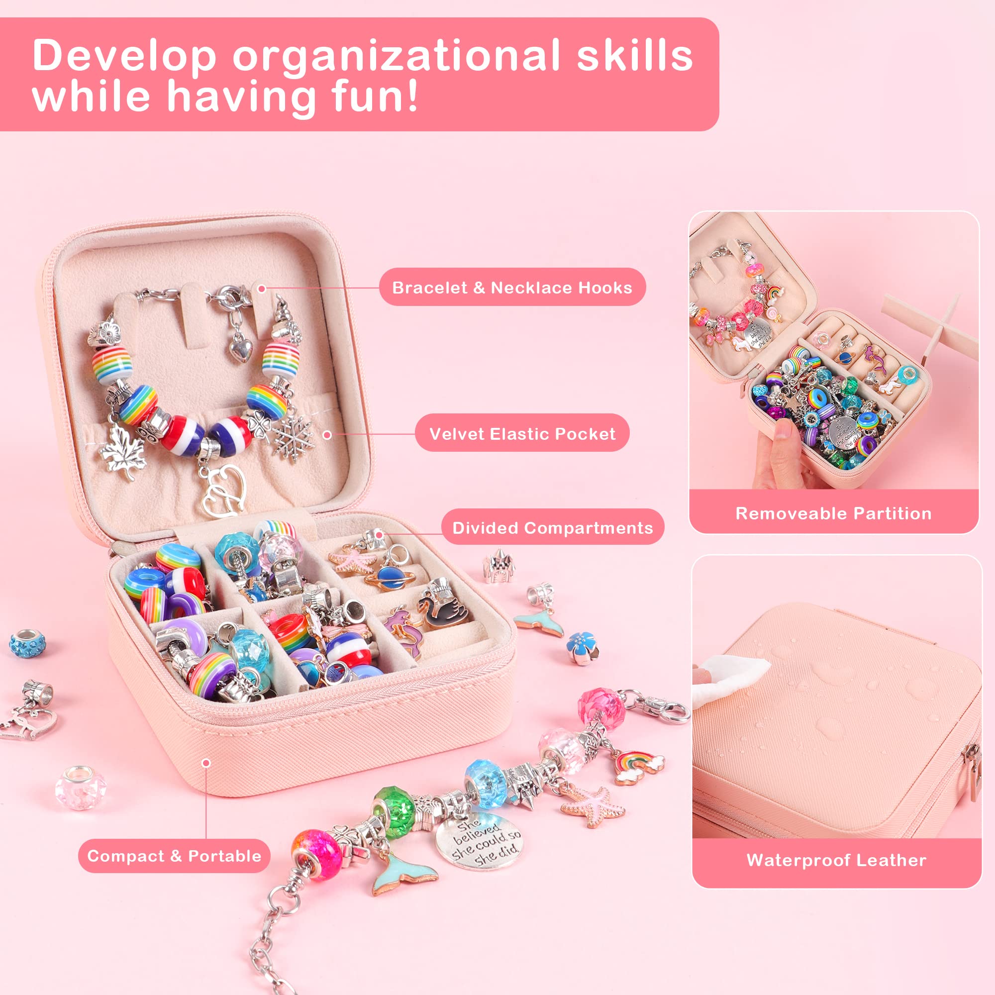 ELLENER Charm Jewelry Making Kit,Bracelet Making Kit for Girls 8-12,Ready to Gift,Fun and Easy to Make,68 Pcs Cute Sparkling That Inspires Creativity and Self-Expression