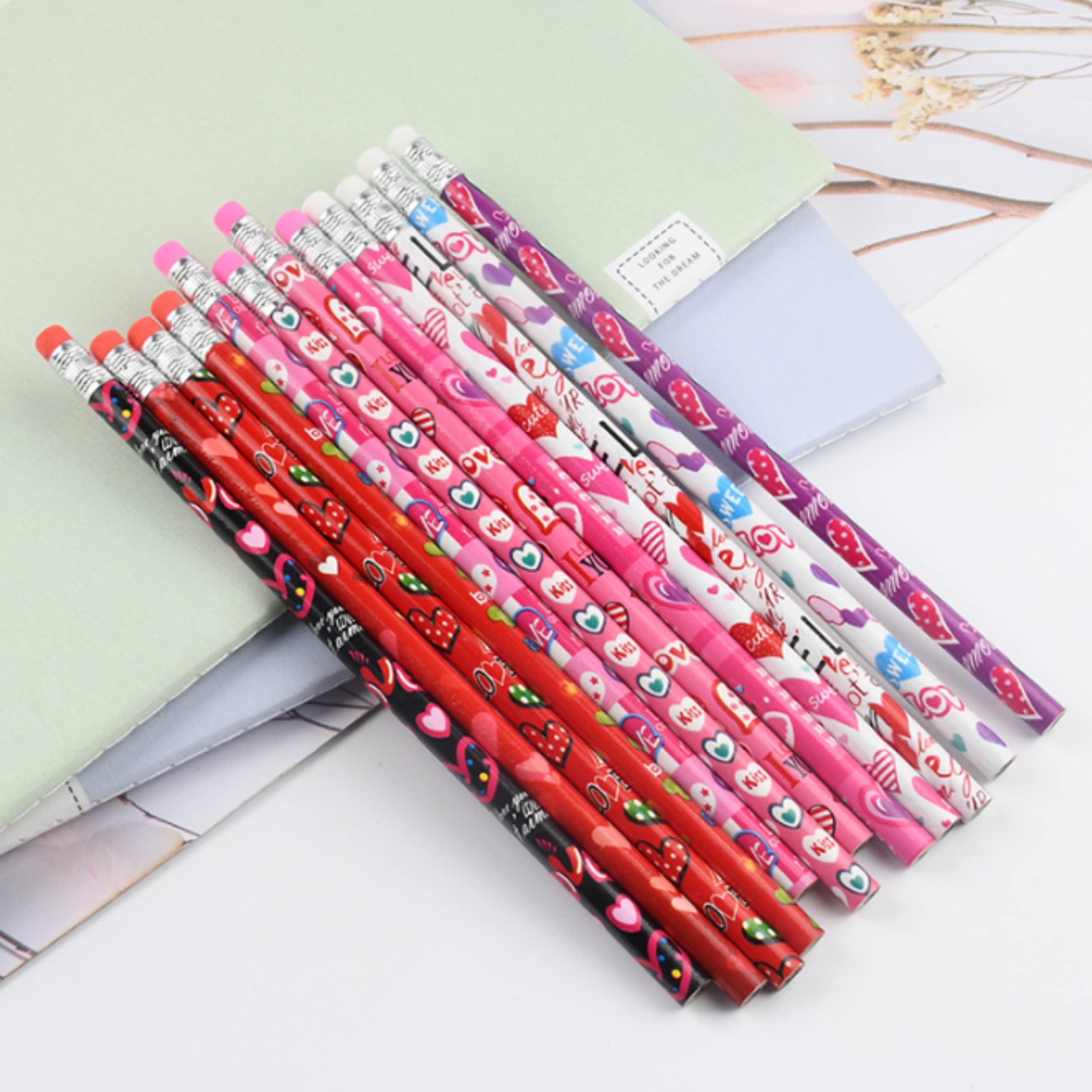 4E's Novelty 36 Set Valentine’s Day Stationary Gifts for Kids - 36 Pencils, 36 Heart Erasers, 104 Stickers - Valentines Classroom Exchange Toys, Class Party Favors From Teacher To Student