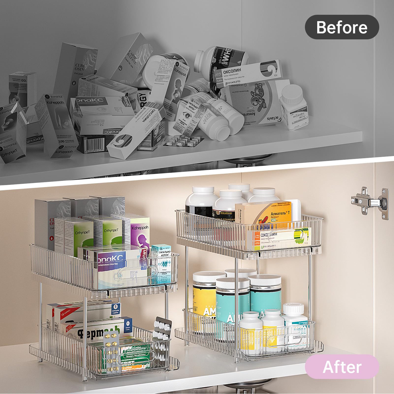 Delamu 2 Sets of 2-Tier Clear Bathroom Under Sink Organizers and Storage, Snap-Lock Pull Out Bathroom Medicine Cabinet Organizer,Multi-Purpose Kitchen Pantry Organizer and Storage with Movable Divider