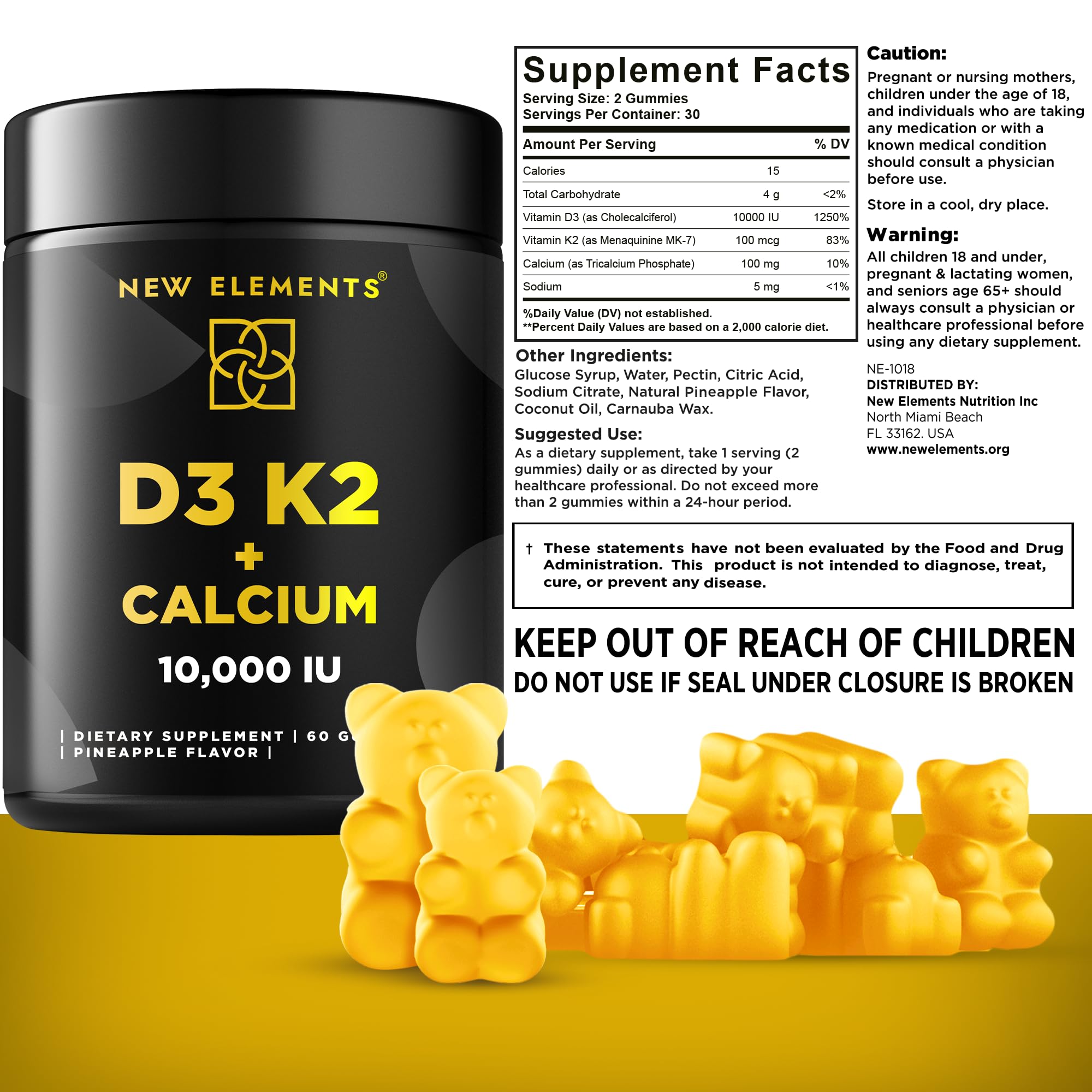 Vitamin D3 K2 Gummies 10000 IU with Calcium 100mg - VIT D3 for Adults - Mk7 Vitamin K2 100mcg - Vitamin D Supplement for Men & Women - Vegan Gluten Free Non-GMO