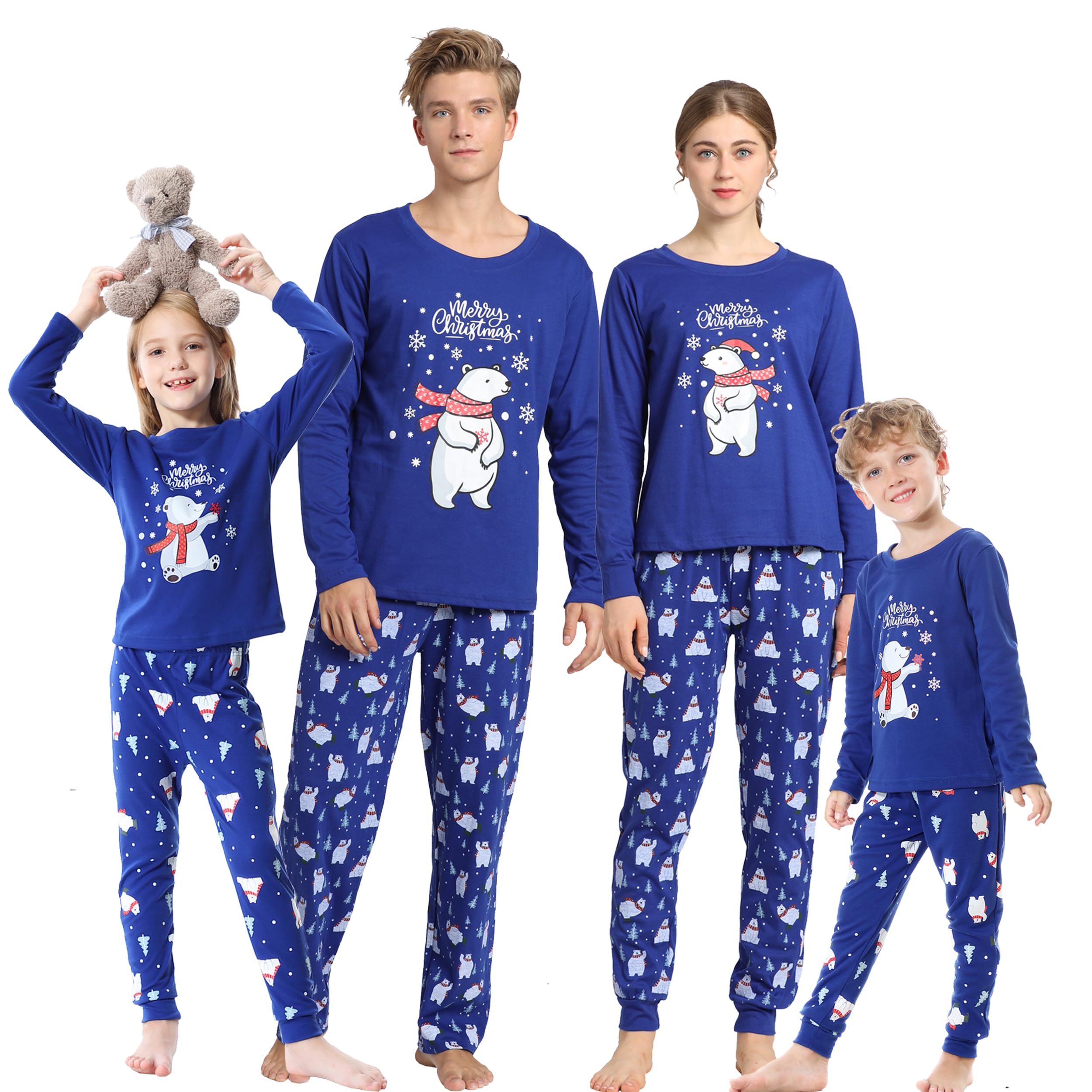 Vopmocld Christmas Family Matching Pajama Red Holiday Pjs Sets Cotton Sleepwear Polar Bear PJS, Blue-men, Large