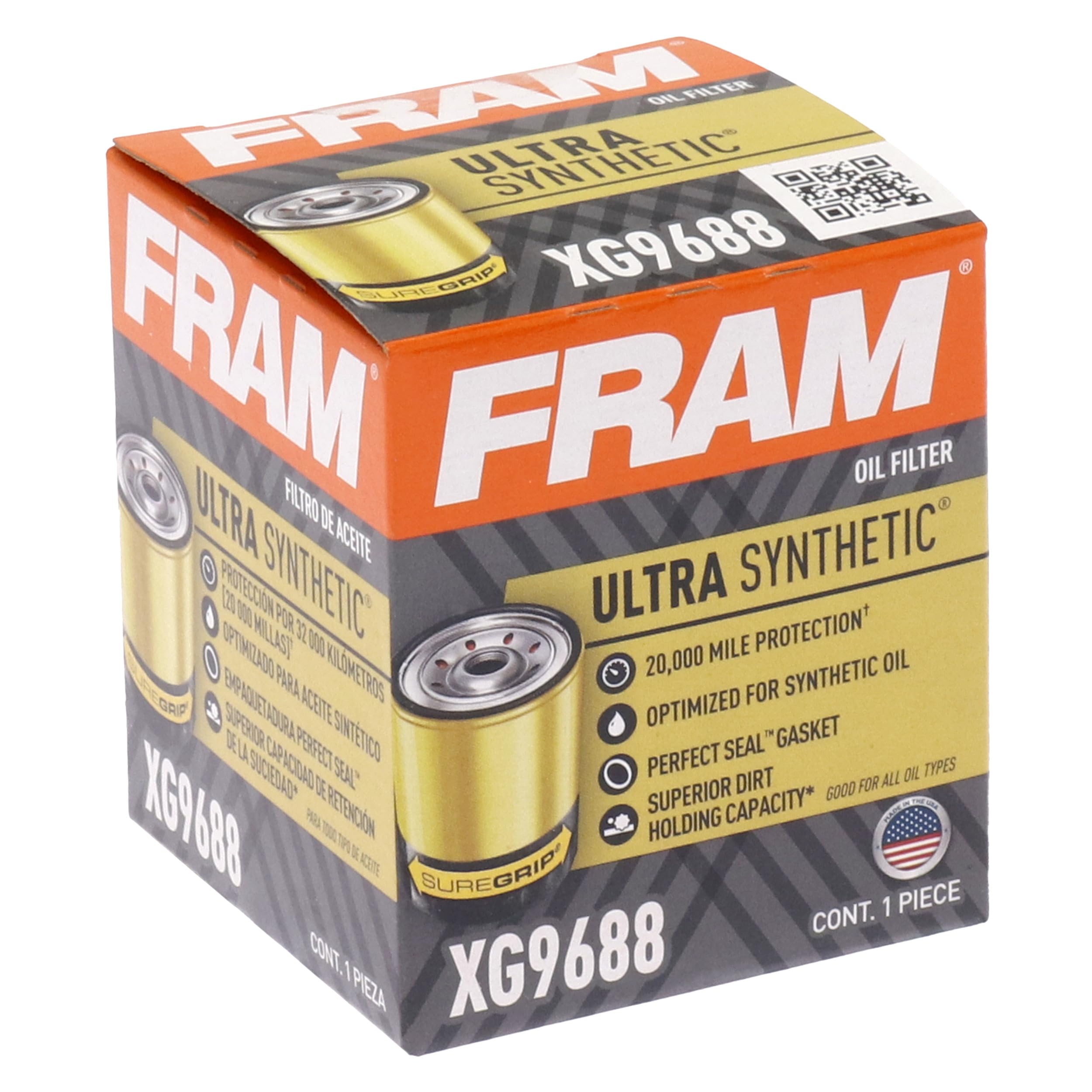 FRAM Ultra Synthetic Automotive Replacement Oil Filter, Designed for Synthetic Oil Changes Lasting up to 20k Miles, XG9688 with SureGrip (Pack of 1)