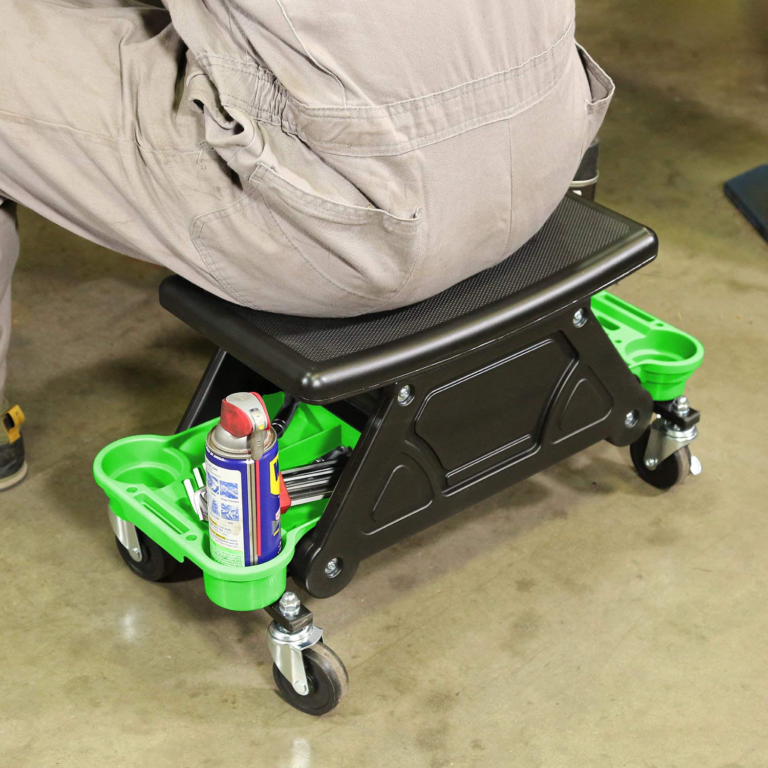 OEMTOOLS 24986 Heavy-Duty Rolling Workbench and Creeper Seat, Mechanics Stool with Wheels, Creepers, Shop Stools with Wheels, Automotive, Green and Black 300 LB Capacity