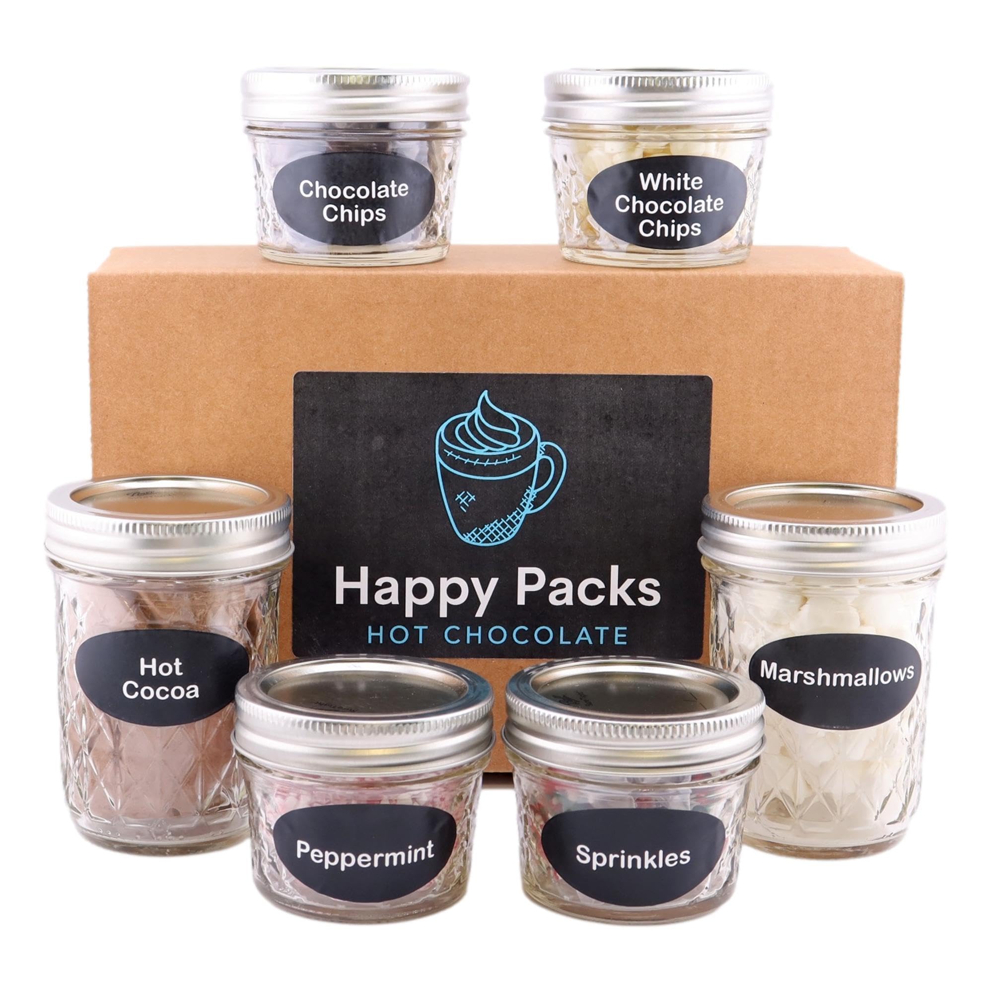 Hot Cocoa Bar Kit by Happy Packs | Includes Hot Cocoa Mix, Mini Marshmallows, Crushed Peppermint Candy, Chocolate Chips, White Chocolate Chips & Christmas Sprinkles | Premium Hot Chocolate Gift Sets