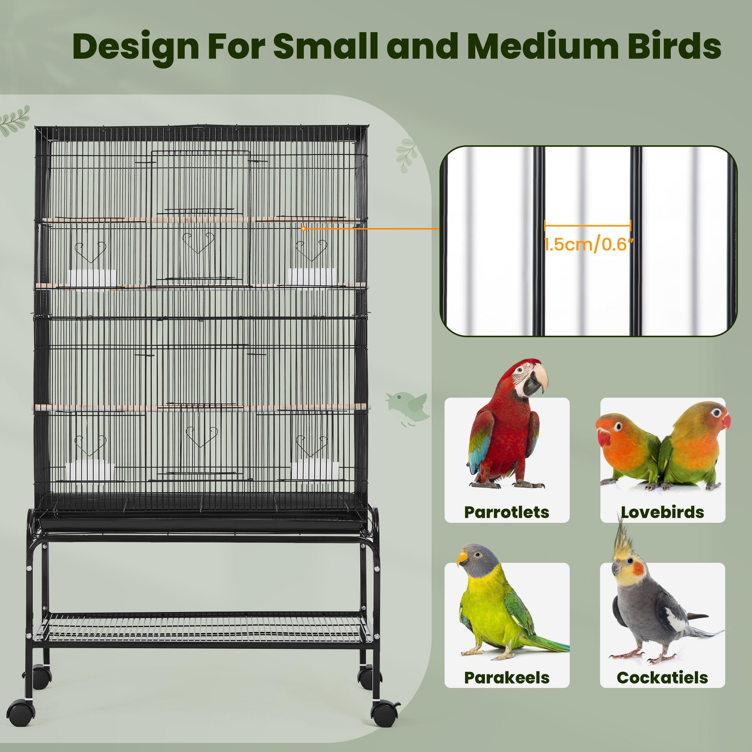 Yaheetech 53'' Large Bird Cage Budgie Cage for Parakeets Cockatiels Conures Lovebirds Parrots with Rolling Stand