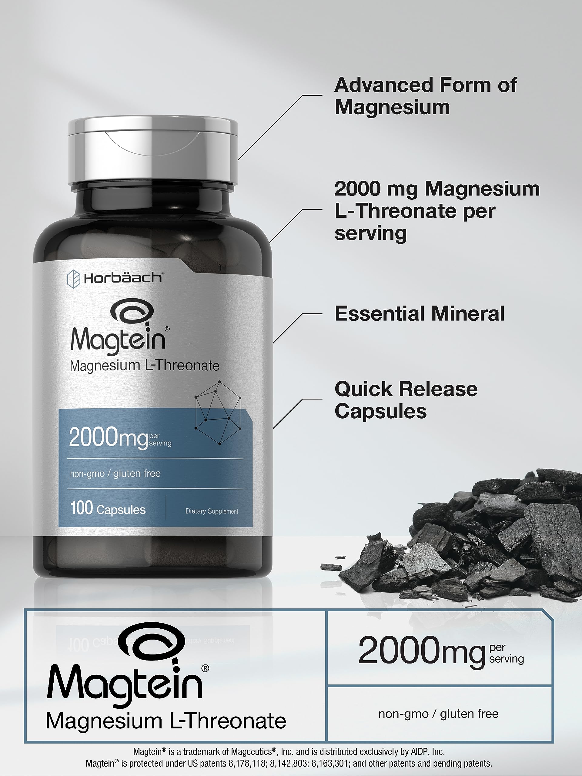 Horbäach Magtein Magnesium L-Threonate | 2000mg Supplement | 100 Capsules | for Men & Women | Non-GMO and Gluten Free